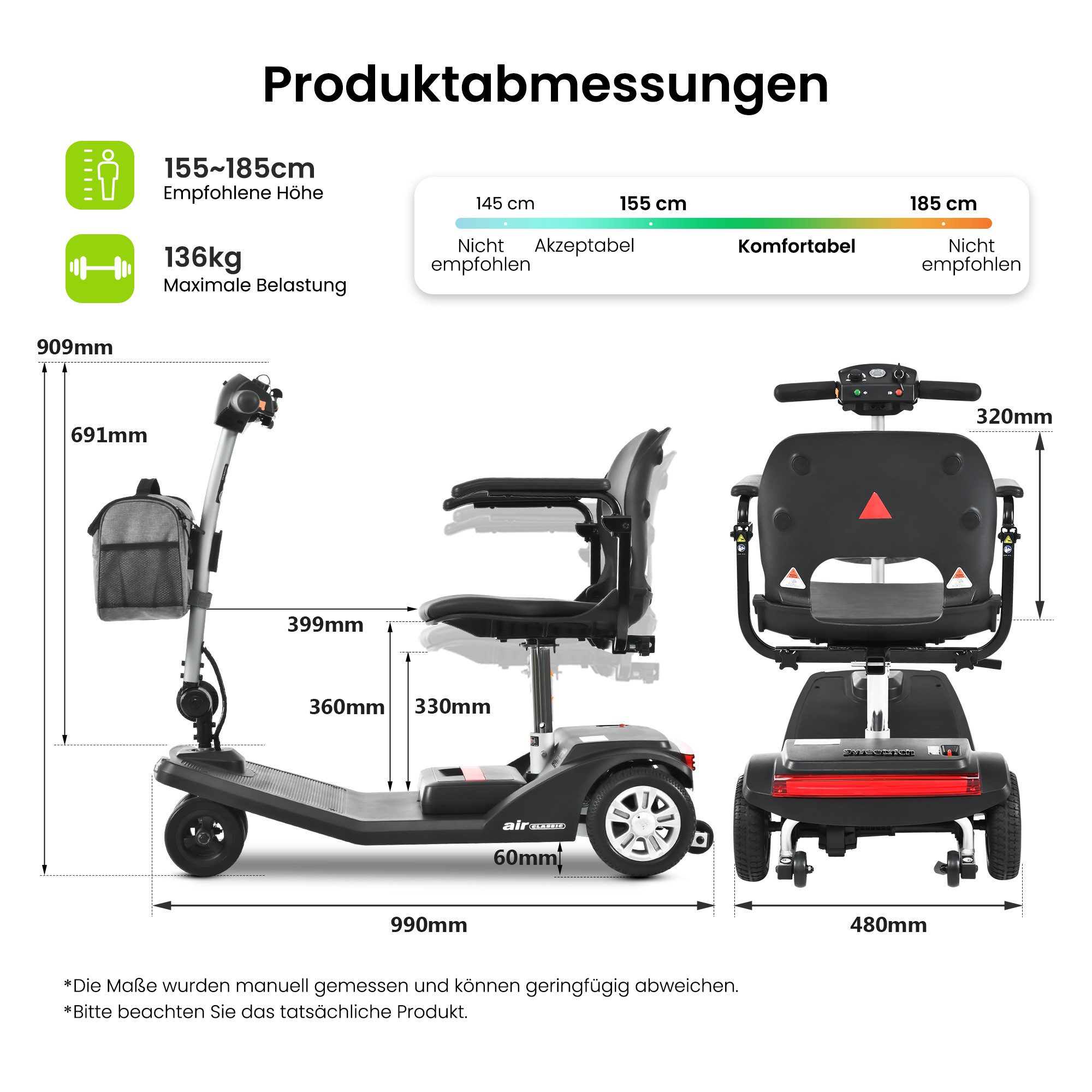 Rolipo Elektromobil Seniorenmobile Faltbar 4 Räder, 15KM, bis 136KG Aluminiumlegierung, 250 W, 6 km/h, Senioren Klappbar Leicht mit Große Reifen für Outdoor Roller Mobilität