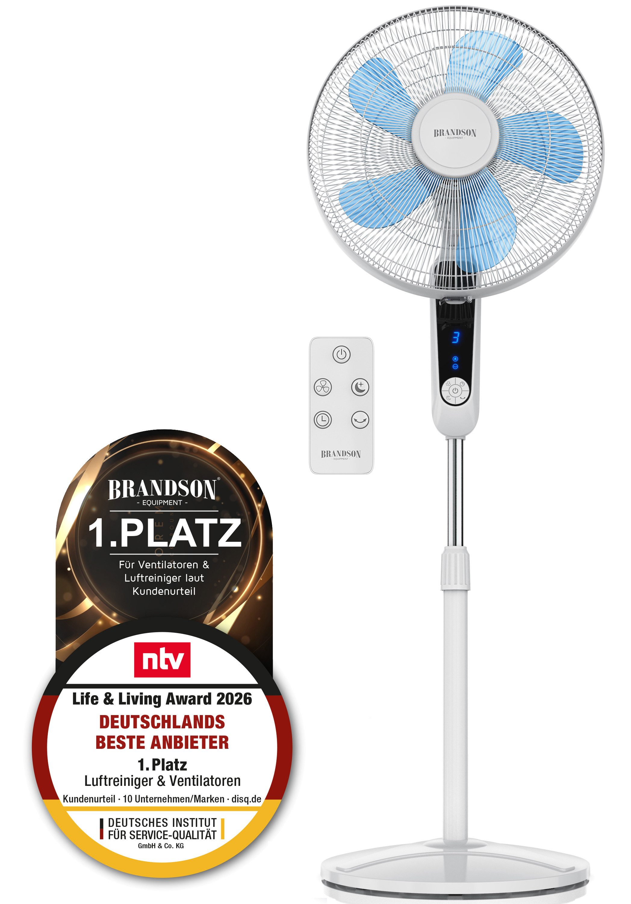 Brandson Standventilator Standlüfter, Fernbedienung, Display, Oszillation, NTV Sieger 2026, 40 cm Durchmesser, Ventilator, mobiler Lüfter, 3 Geschwindigkeitsstufen, GS-Geprüft, 60 W