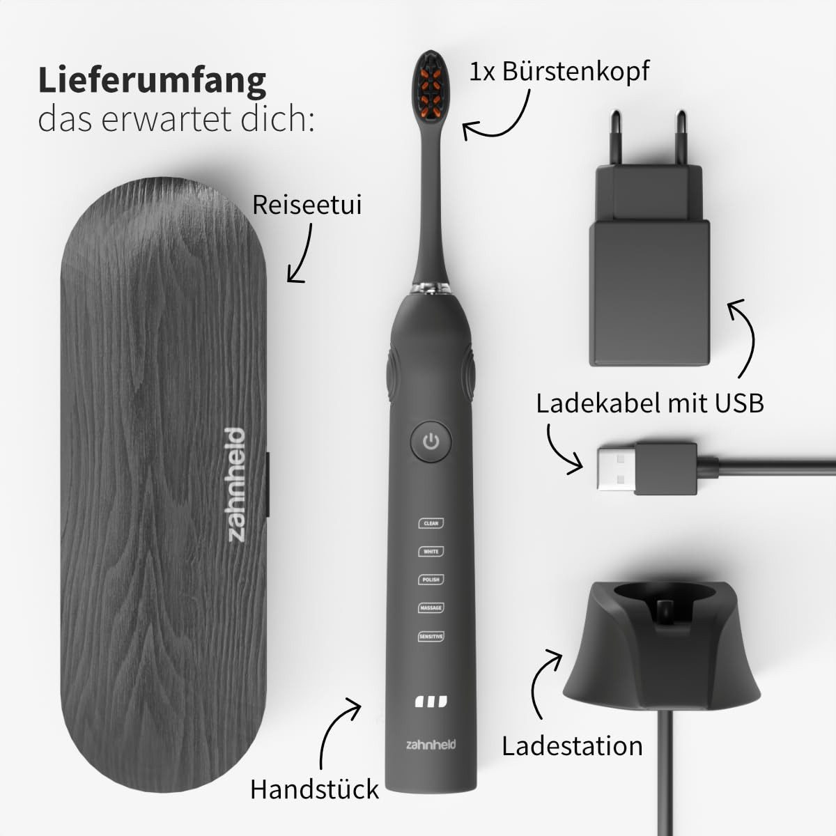 Zahnheld Elektrische Zahnbürste Schallzahnbürste Gero G2 mit Etui schwarz, 5 Putzmodi, Zahnpflege, Mundpflege, Reisezahnbürste, Zahnbürste mit Schall, USB Ladestation