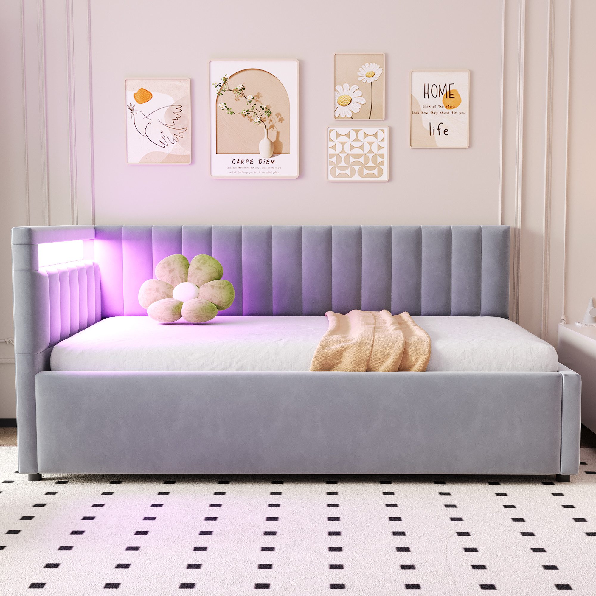 KLAM HOME Schlafsofa Polsterbett, 90x200cm, mit LED-Beleuchtung und hydraulischem Stauraum, klassisches vertikales Streifendesign, mit Lattenrost, Samtstoff, Beige, ideal für Wohn- und Schlafzimmer gleichermaßen