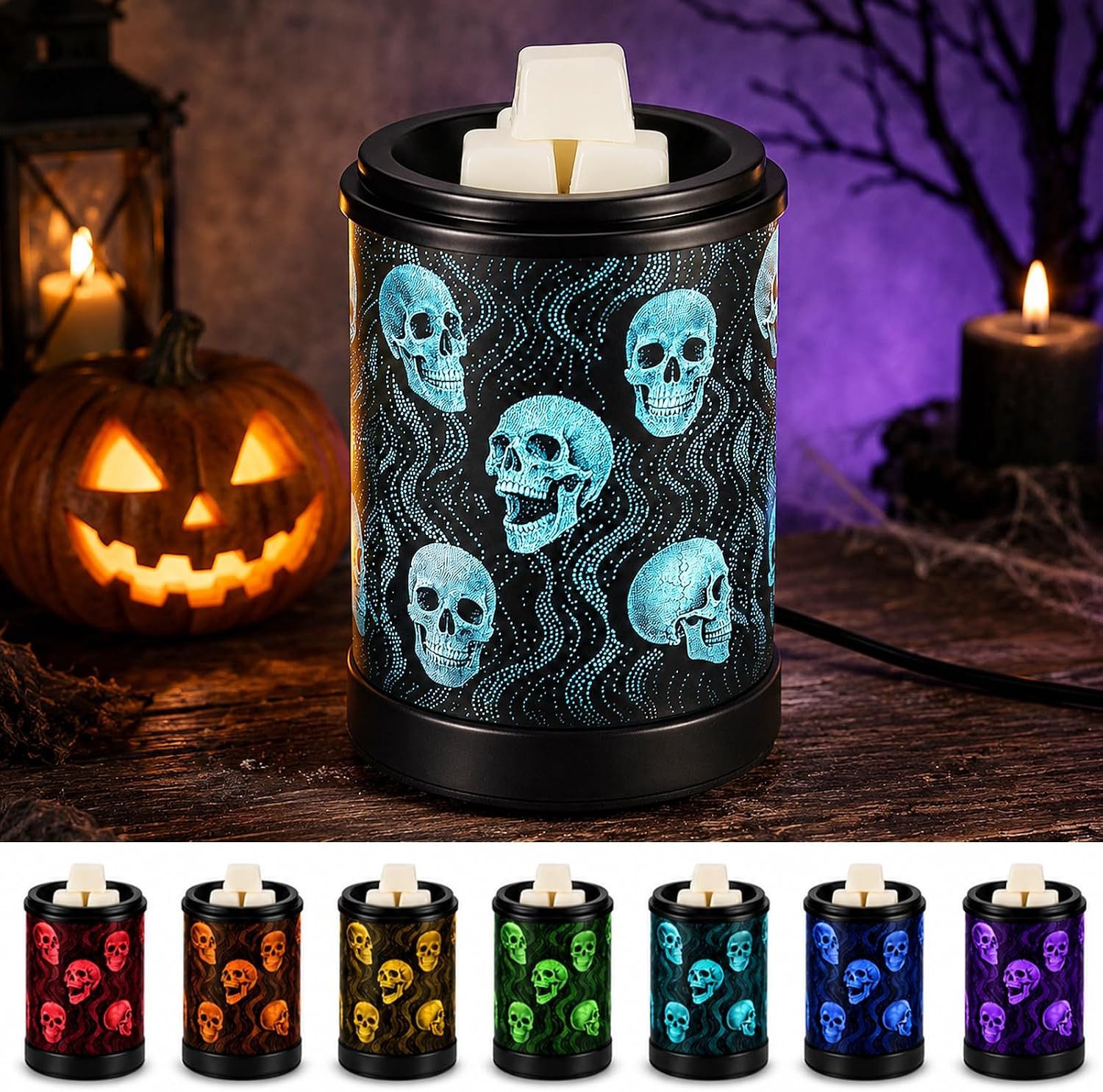 BlingBin Duftlampe Elektrische Totenkopf Aromalampe,Duftlampe mit 7-farbigen LED-Lichtern (1 Stück, 1 St., 15 × 10,3 × 10,3 cm), Duftwachs Wärmelampe für Raumduft