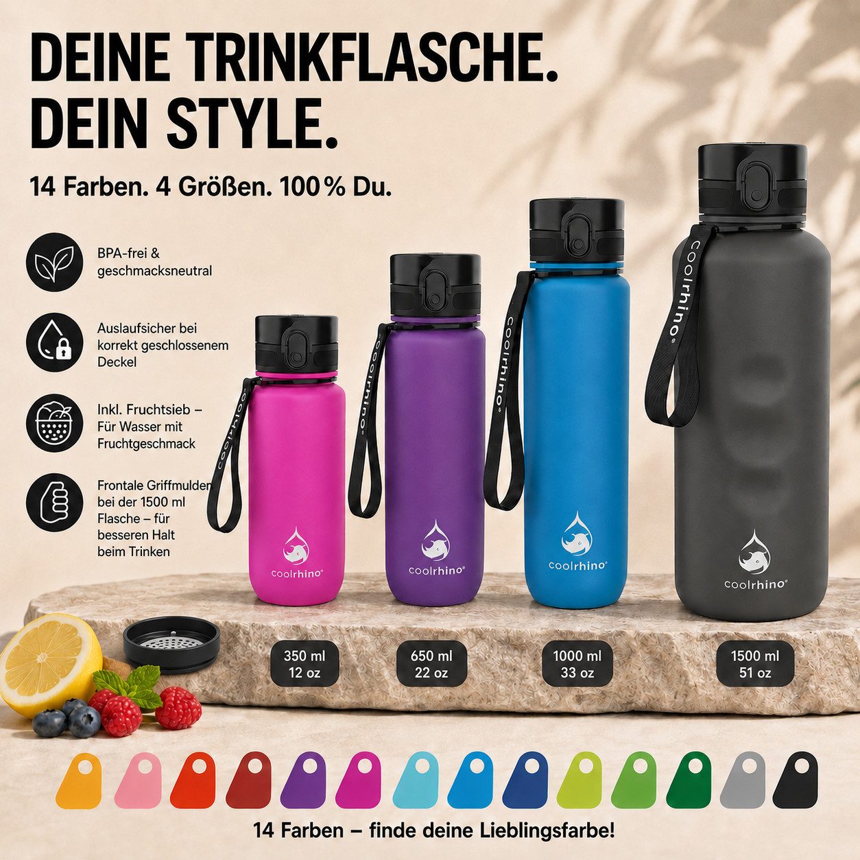 coolrhino Trinkflasche rhinoSport Tritan Sportflasche 350 ml, 650 ml, 1 liter, 1,5 l, Wasserflasche auslaufsicher für Sport, Outdoor, Schule und Fahrrad