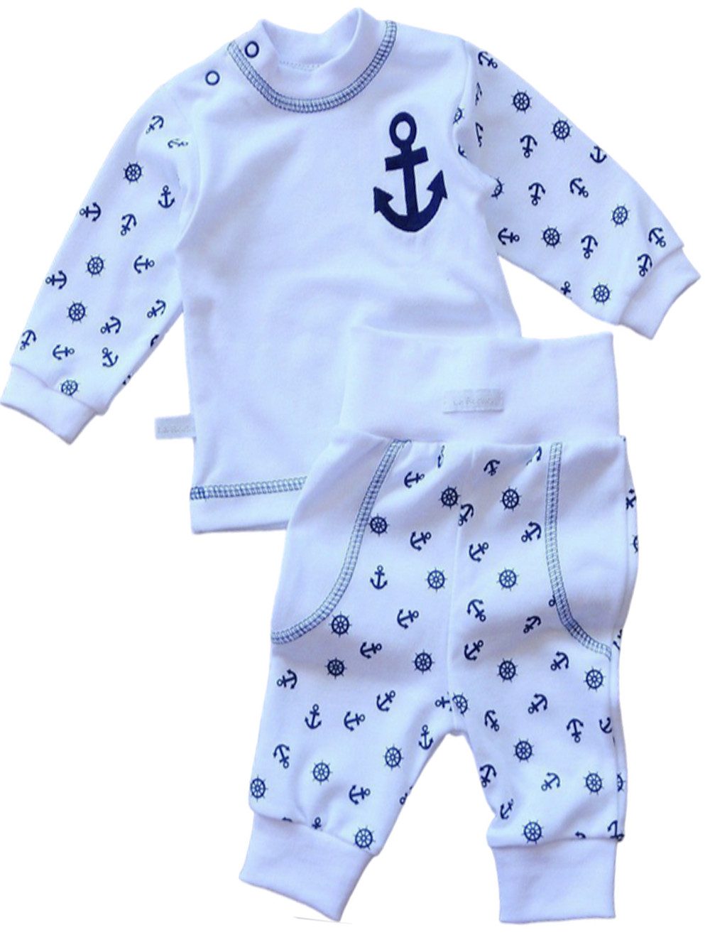 La Bortini Anzug Baby Anzug Longsleeve Schlupfhose in Weiß mit Ankermuster aus Baumwolle, gemustert, 50 56 62 68 74 80 86 92 98
