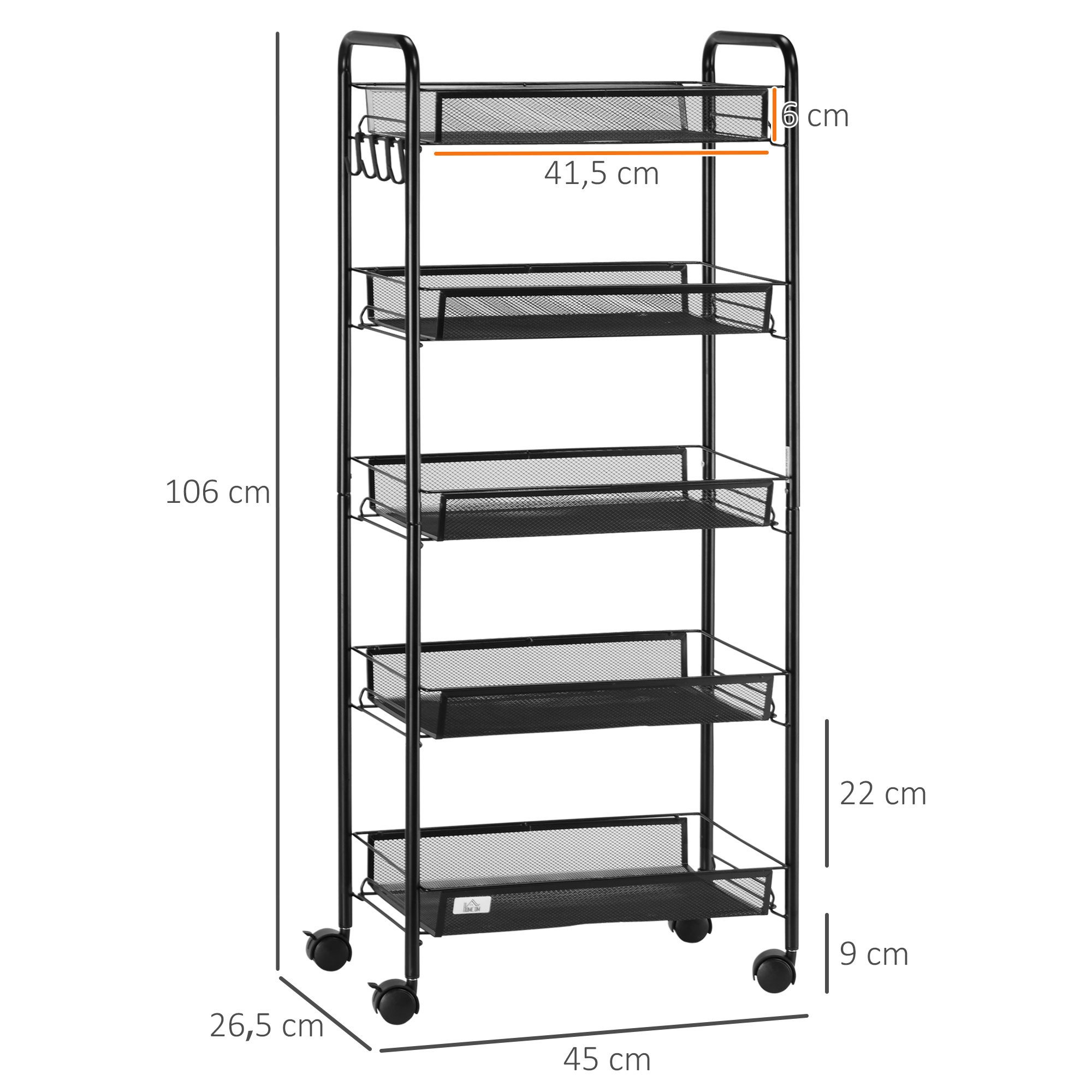 HOMCOM Servierwagen Küchenwagen mit 5 Ebenen, Rollwagen mit Rollen, (für Wohnzimmer und Schlafzimmer, 1 St., Aufbewahrungswagen aus Stahl), 45cm x 26,5cm x 106c – Bild 3 von 5