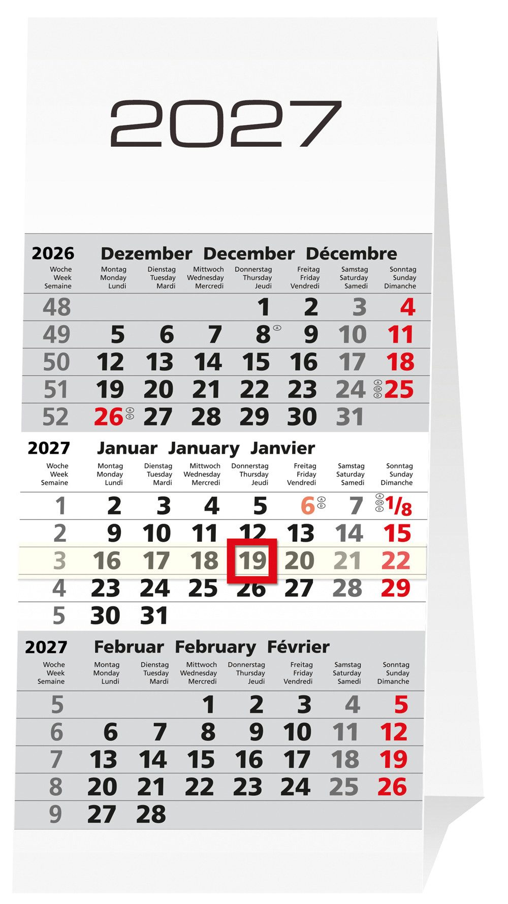 ADINA Schreibtischkalender 2027 ADINA ws 3-Monatskalender Aufstellkalender für den Schreibtisch
