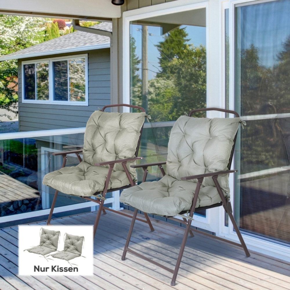 CHICFURN Stuhlkissen 2er-Set Sitzauflagen mit Bindebändern, 98 x 50 cm, 8 cm dick, Hellgrau, Stoffbezug, für Gartenmöbel und Sitzbänke