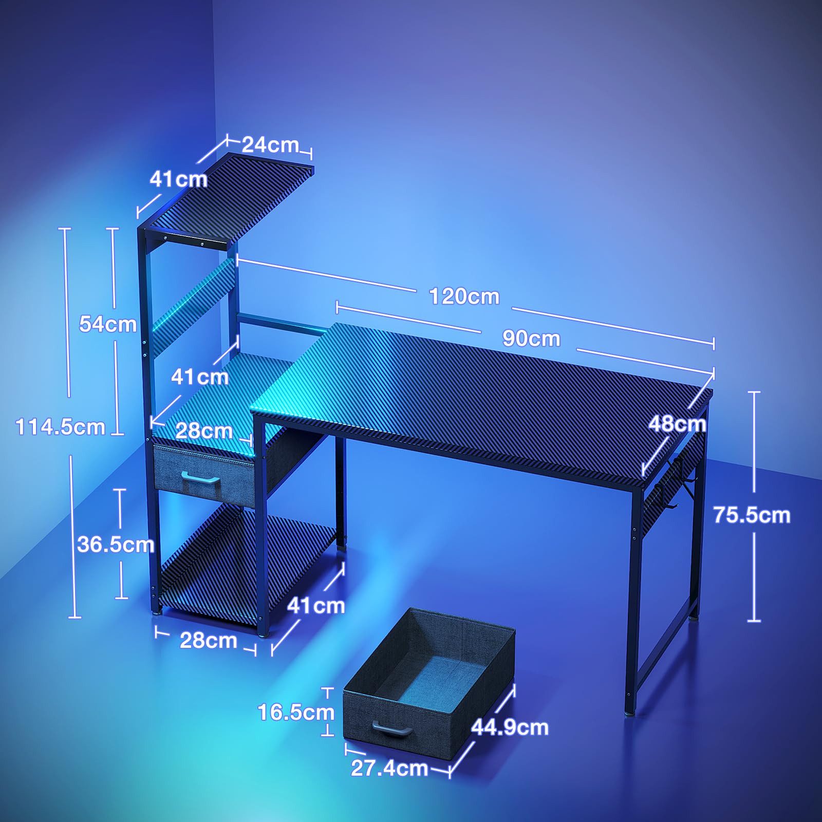 ODK Gamingtisch mit LED-Beleuchtung, Regal & Schublade in Carbon-Optik (1-St), 120 cm Computertisch & Schreibtisch