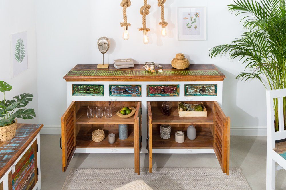riess-ambiente Sideboard JAKARTA 160cm weiß / natur / bunt (1 St), Wohnzimmer · Massivholz · Kommode · Landhausstil