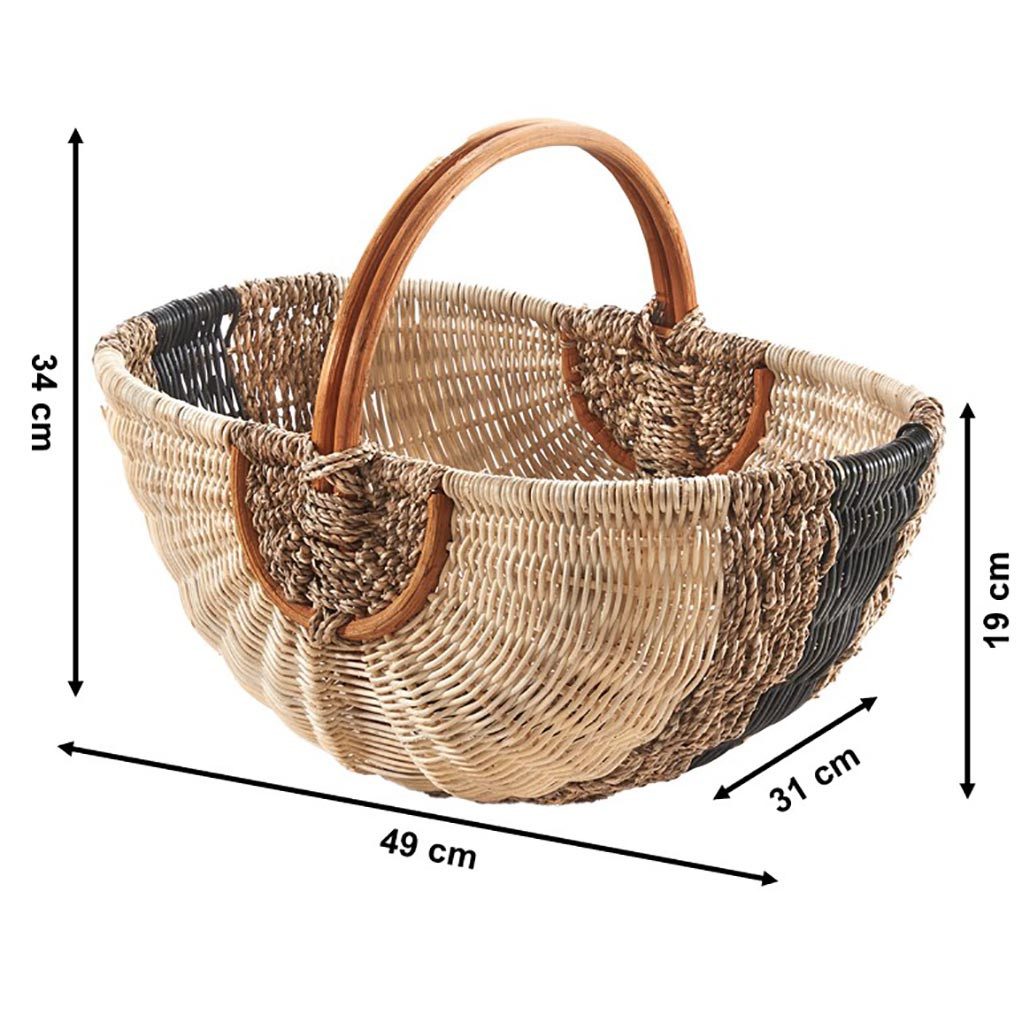 Kobolo Einkaufskorb Rattankorb Shopper 8 l beige mit olivfarbenem Seegras Tragekorb Autoko, 8 l, 49x31x19/34 cm