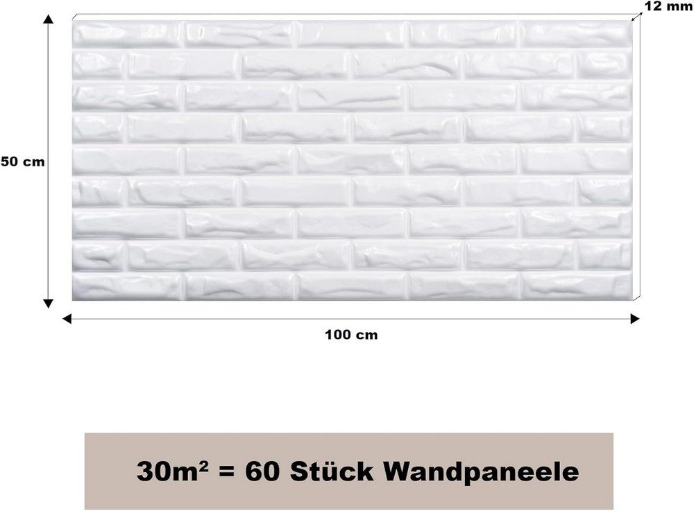 MDEKOR 3D Wandpaneel MDEKOR XPS Dekorative für Innenräume, (60-tlg) 30 m², Ziegeloptik 50x100 cm Brick White, Paneele 12 mm dick