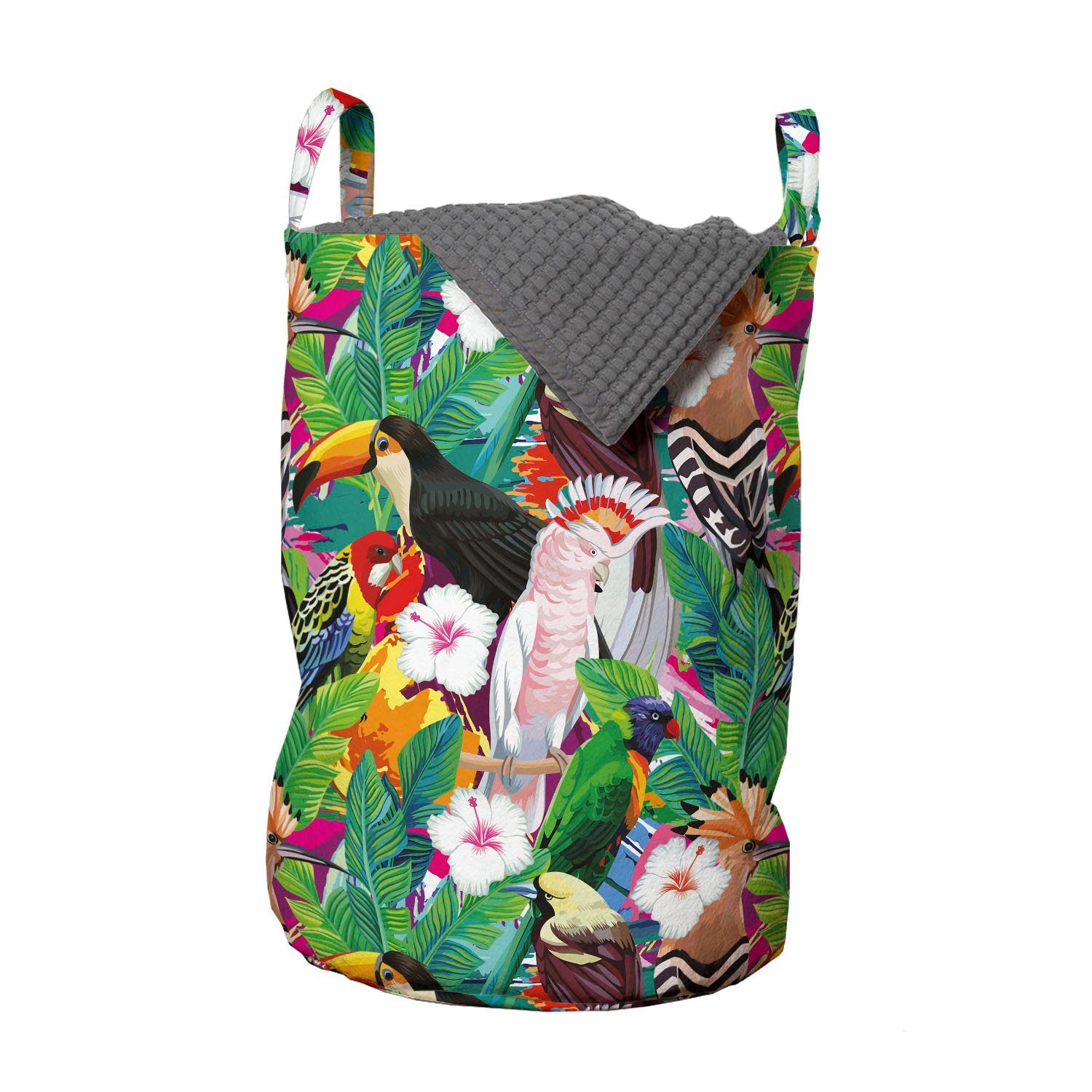 Abakuhaus Wäschesäckchen Wäschekorb mit Griffen Kordelzugverschluss für Waschsalons, Bunt Exotische Tiere und Blumen