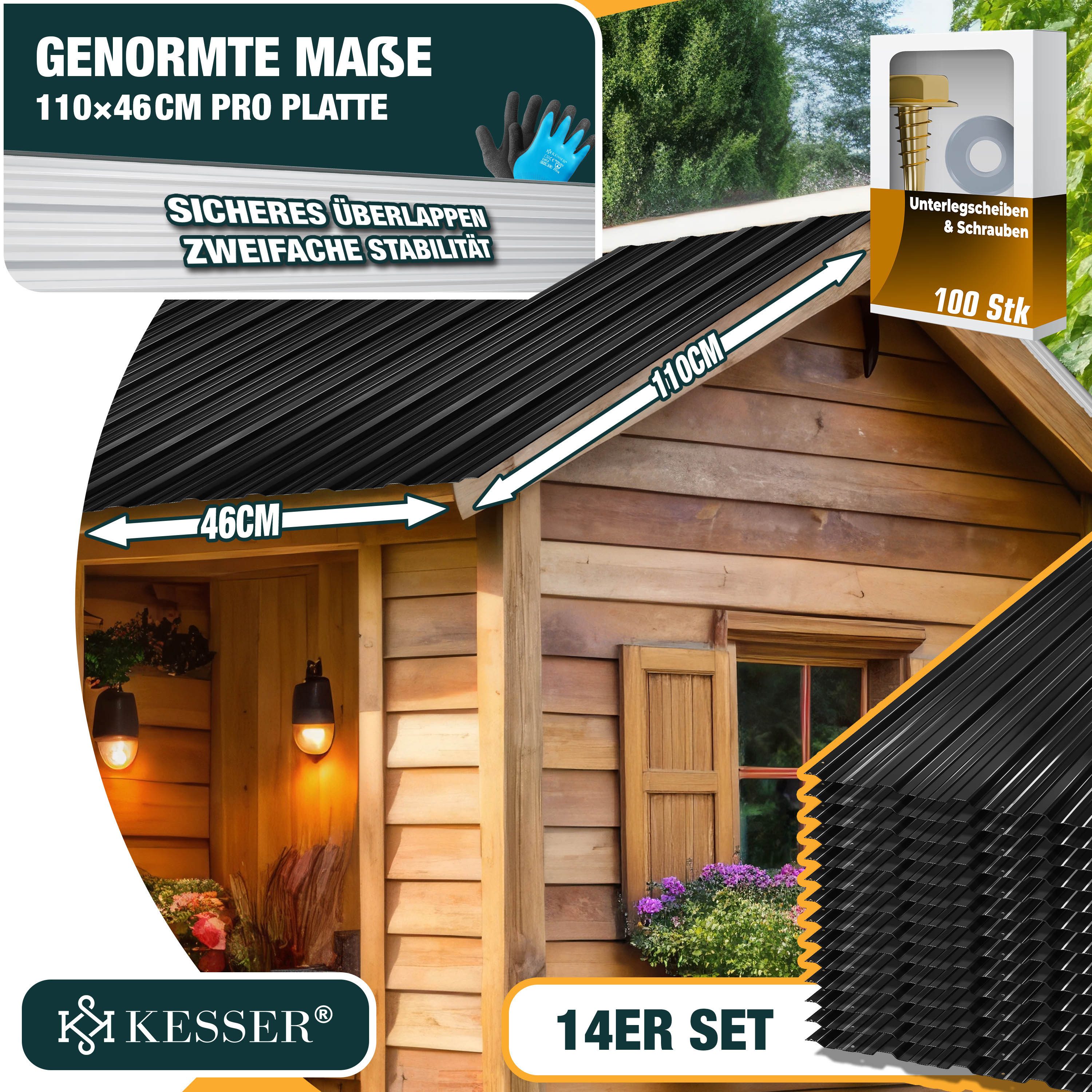 KESSER Trapezblech 14x Profilblech 110cm x 46cm = 7 m², Metall, (14er Set Dachbleche für Gerätehaus inklusive Montagehandschuhe) Dachplatten aus verzinktem Stahl 0,25mm