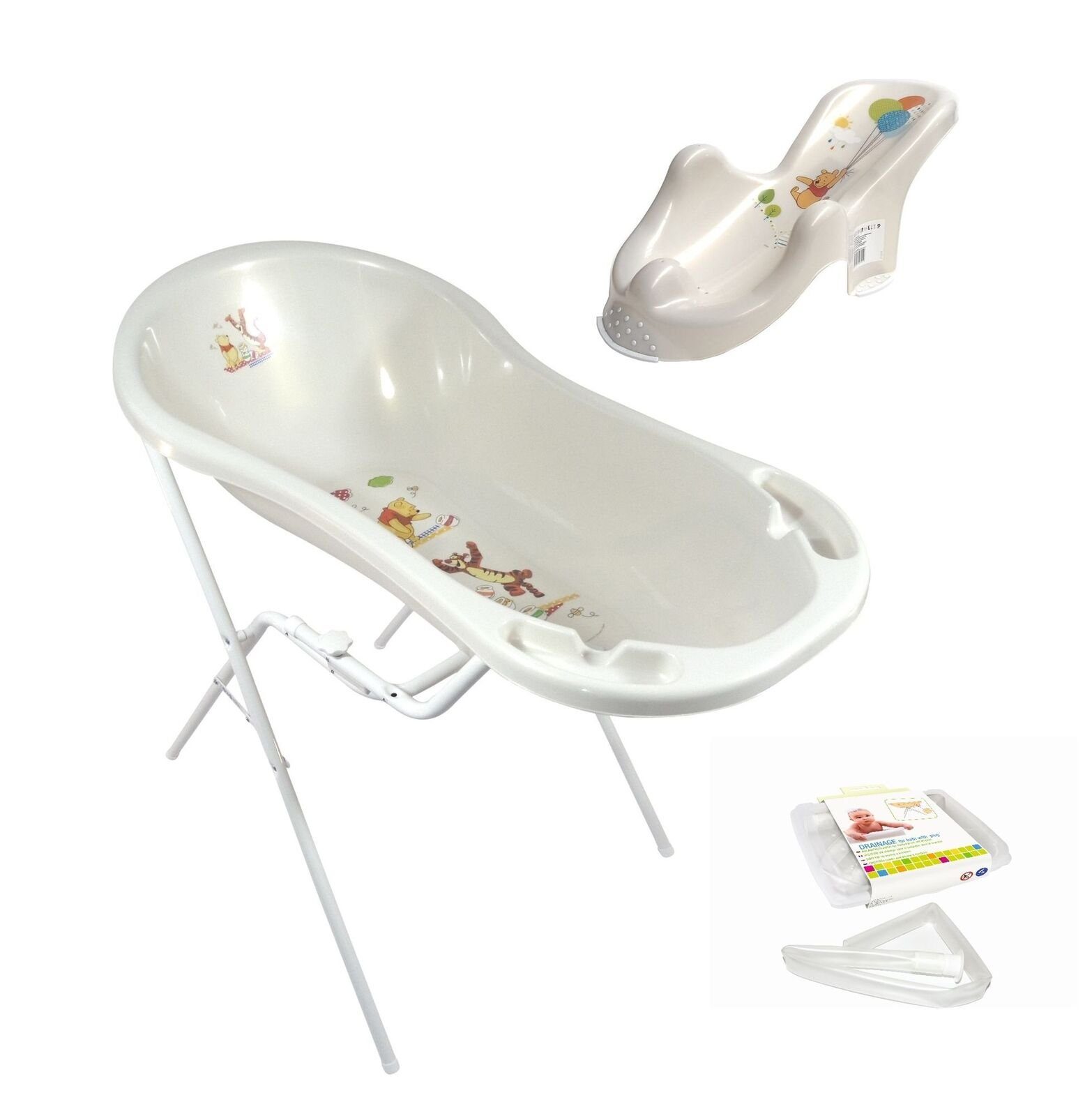 KiNDERWELT Babybadewanne Winnie Pooh Babywanne+ Badesitz+ Ständer+ Schlauch, (4er Set)