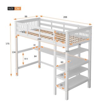 PFCTART Bettgestell Weiß Kinderhochbett mit Ablagefächern und Unterbettschreibtisch (90 x 200 cm), Loft-Design eröffnet Arbeitsfläche