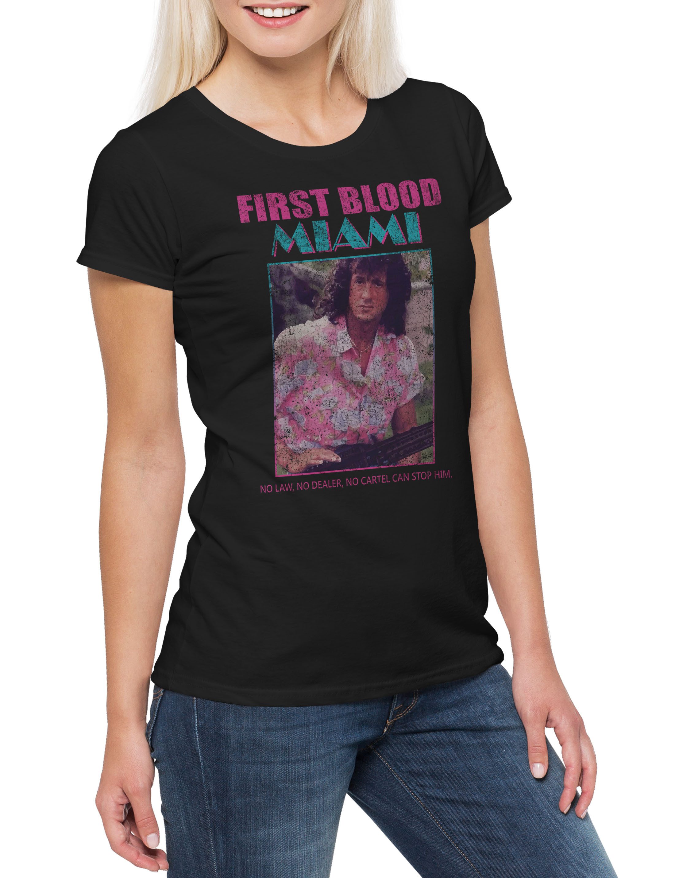 Urban Backwoods Print-Shirt First Blood Miami Damen T-Shirt Vice John Fun 80s Stallone Rambo (1-tlg) Florida Eighties Kult Fun