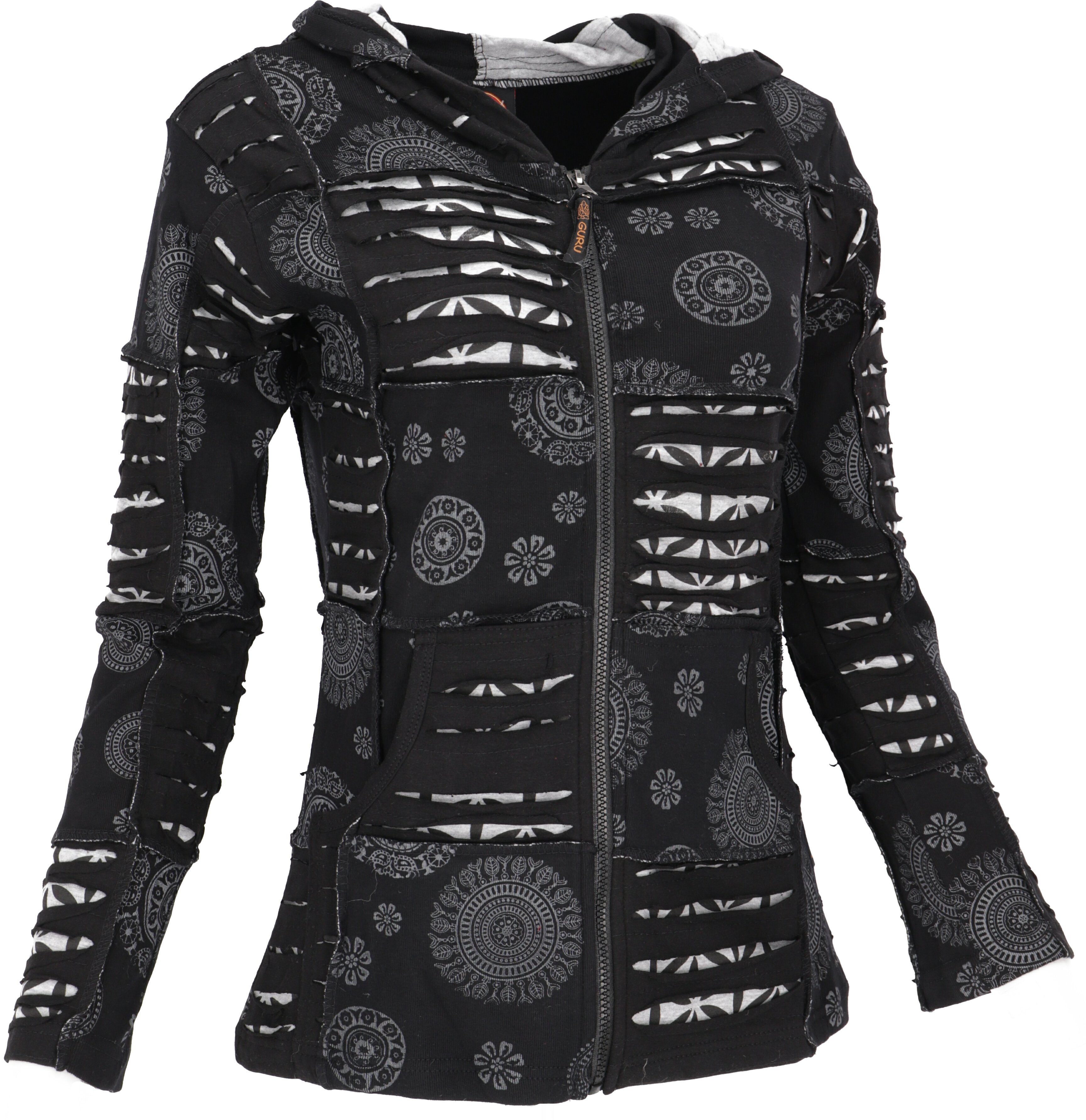Guru-Shop Langjacke Goa Patchwork Jacke, Boho Kapuzenjacke - schwarz alternative Bekleidung