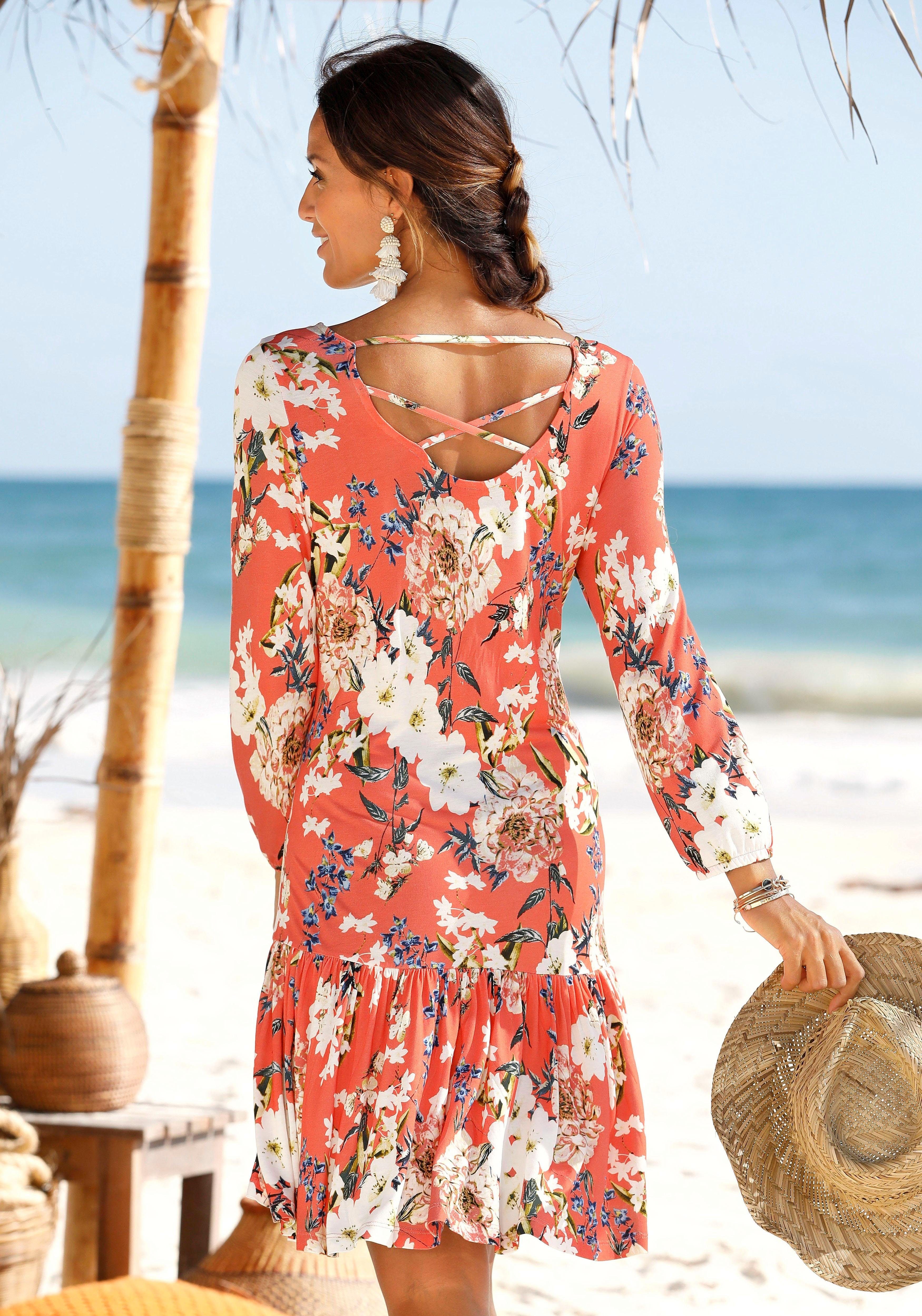 s.Oliver Jerseykleid mit Blumenprint und Volantrock, Druckkleid mit 3/4-Ärmeln Sommerkleid, leichtes Strandkleid, feminines Blumenkleid, Viskosekleid – Bild 3 von 5
