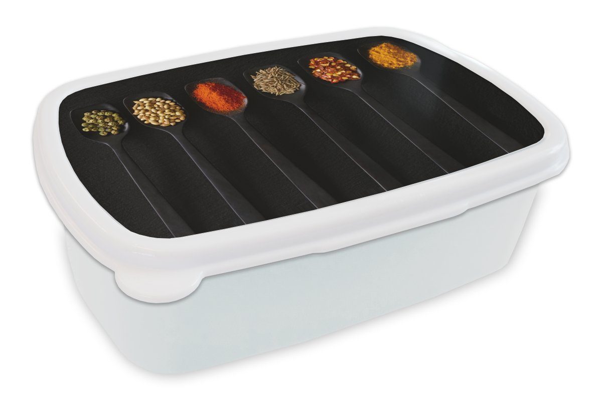 MuchoWow Lunchbox Löffel - Gewürze - Schwarz - Gewürze - Rustikal, Kunststoff, (2-tlg), Brotbox für Kinder und Erwachsene, Brotdose, für Jungs und Mädchen weiß
