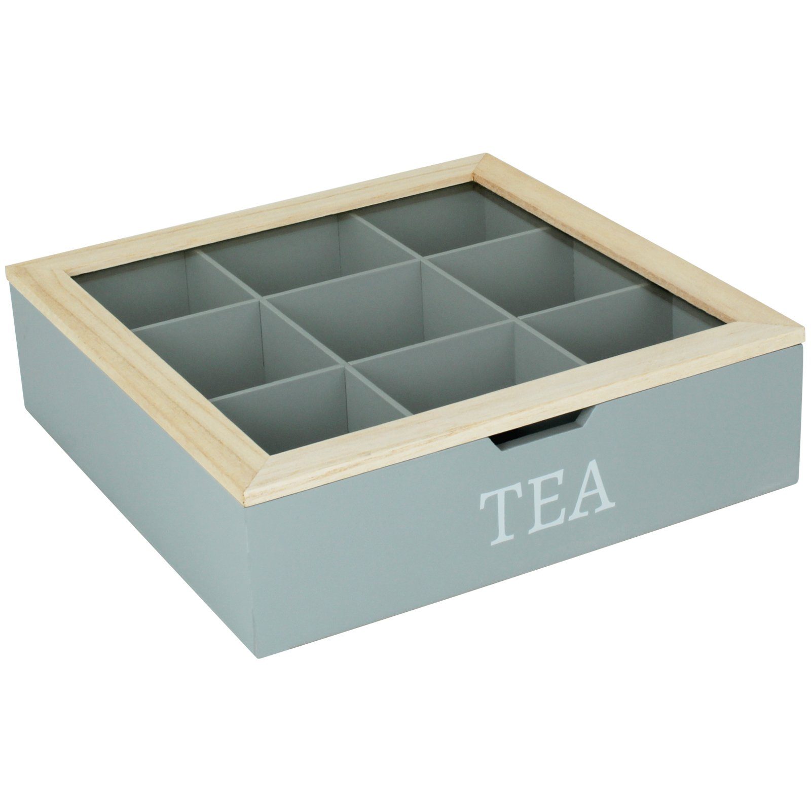 Koopman Teebox Teekiste 9 Fächer Eingriff TEA Farbwahl Teekasten Teebeutelbox, Tee Dose Kiste Box Tee-Beutel Teesorten Teebeutel Holzteebox Holz Grau