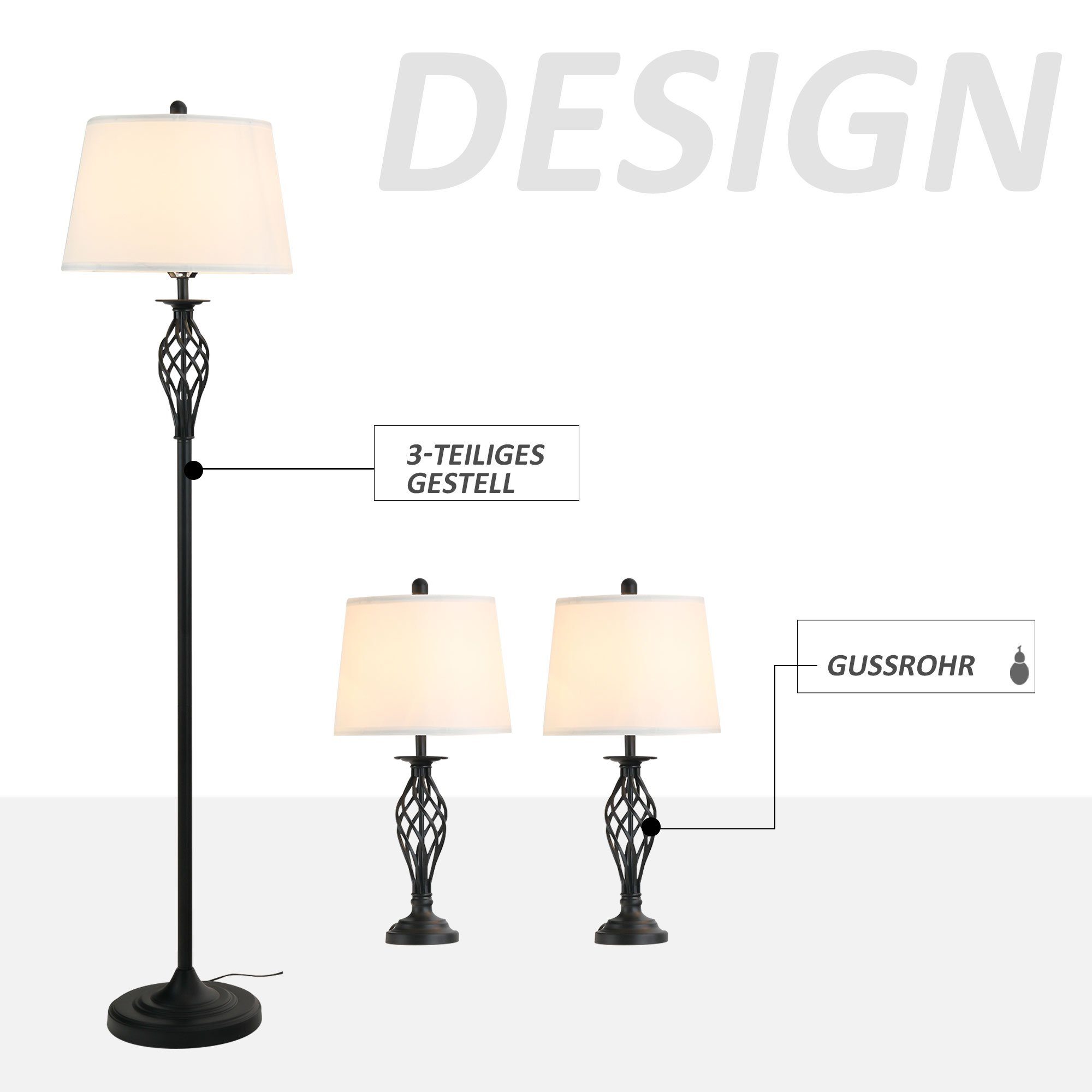 HOMCOM Stehlampe 3er-Lampenset 2 Tischlampe Standlampe mit Fußschalter Leselampe, Metall, PS, Polyester, Baumwolle, Vintage, Schwarz+Weiß – Bild 5 von 5