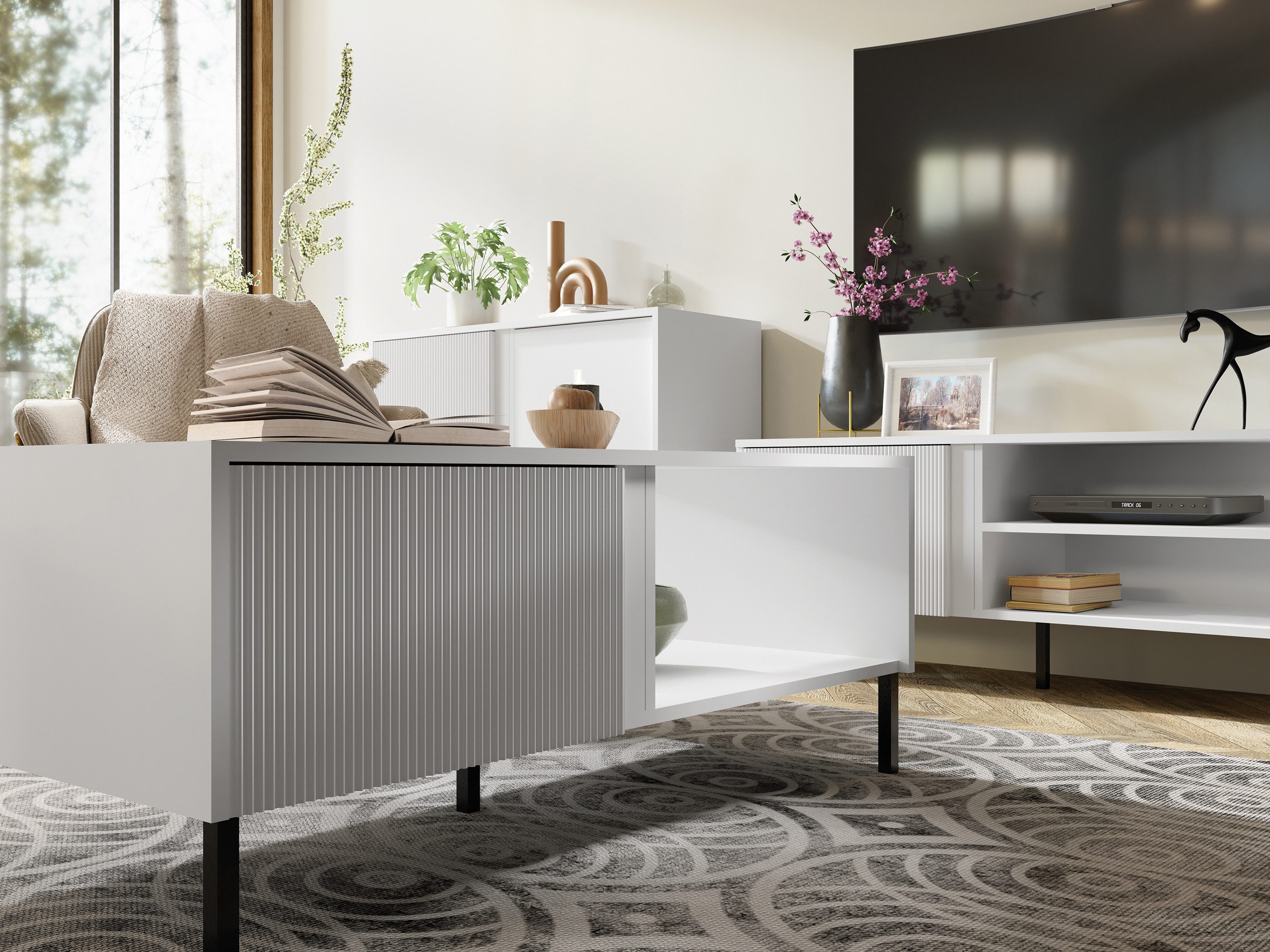 Beautysofa Kommode MIA 03 Weiß mit Lamellen an der Front, Möbel aus MDF-Platten