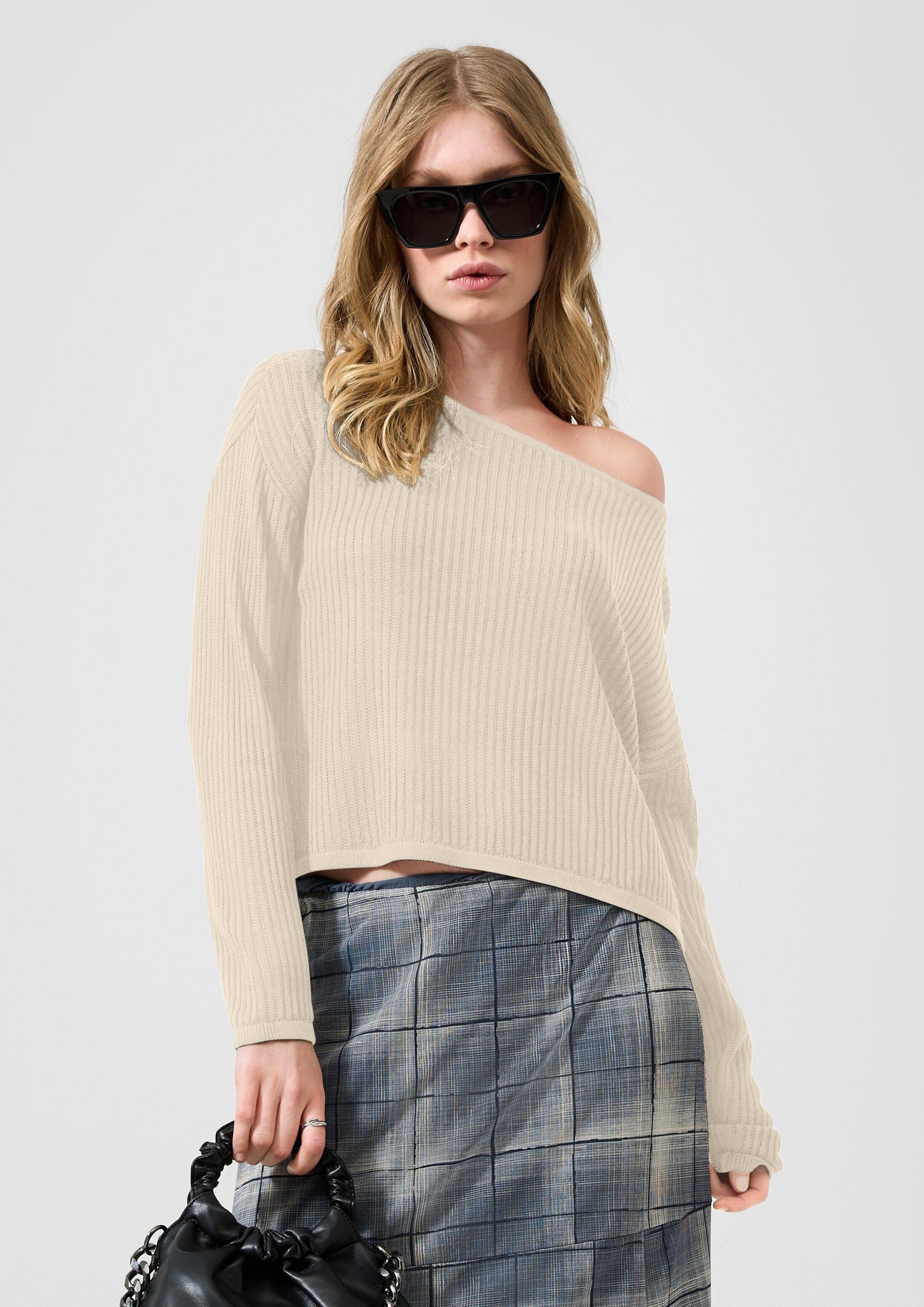 QS Longpullover Strickpullover Boxy Strickpullover in Ajouroptik