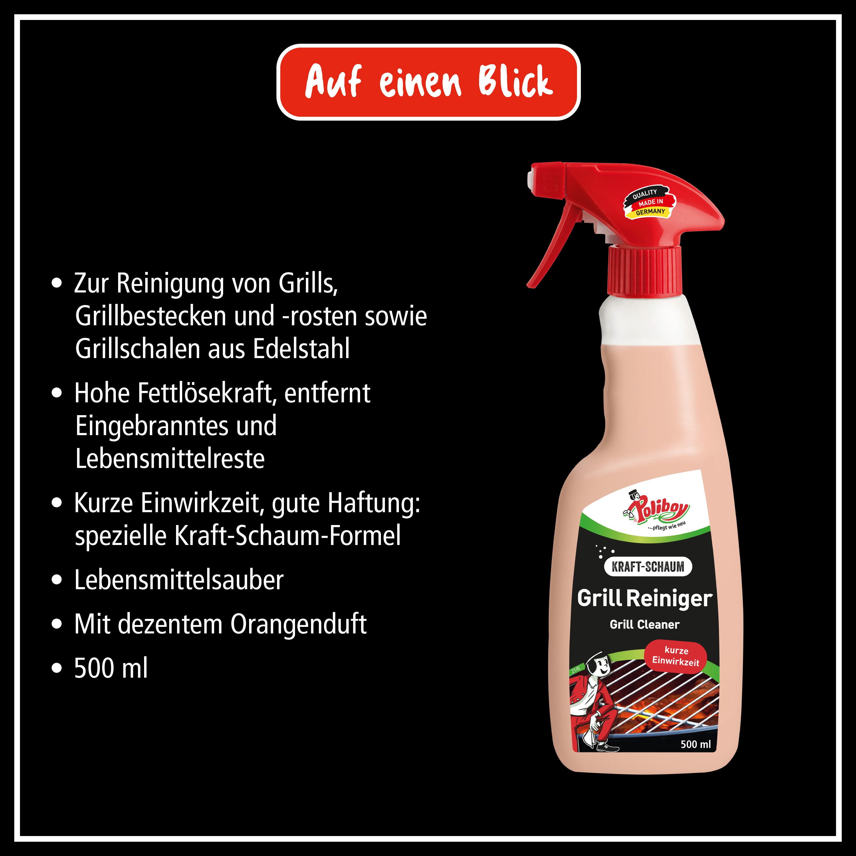 poliboy - 500 ml - gegen Eingebranntes und Verkrustungen Grillreiniger (mit aktiv Schaum für kurze Einwirkzeit - Made in Germany)