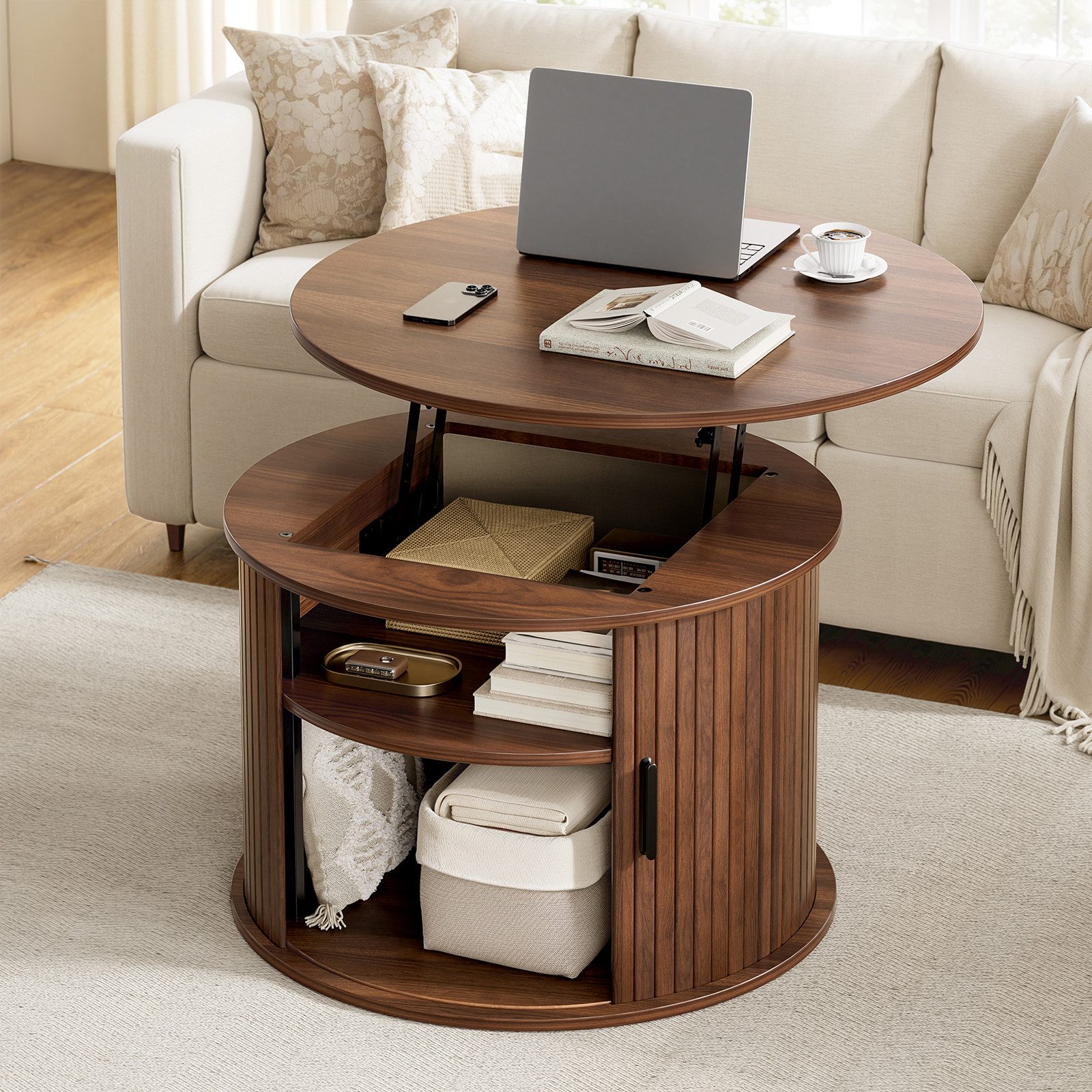 FABATO Couchtisch Runder Couchtisch mit Lift-Funktion & gewelltem Holzdekor (1-St., mit verstecktem Stauraum, offenem Regal), drehbarer Schiebetür als kleiner Esstisch fürs Wohnzimmer