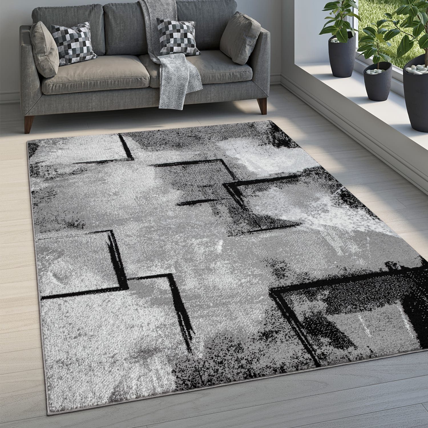 KADIMA DESIGN Teppich Abstraktes Rechteckmuster Wohnzimmer schmutzabweisend Teppich Kurzflor, Rechteckig, Höhe: 14 mm, Florhöhe: 10 mm, 100% Polypropylen, Rechteckig, 60x100cm, Dunkelgrau