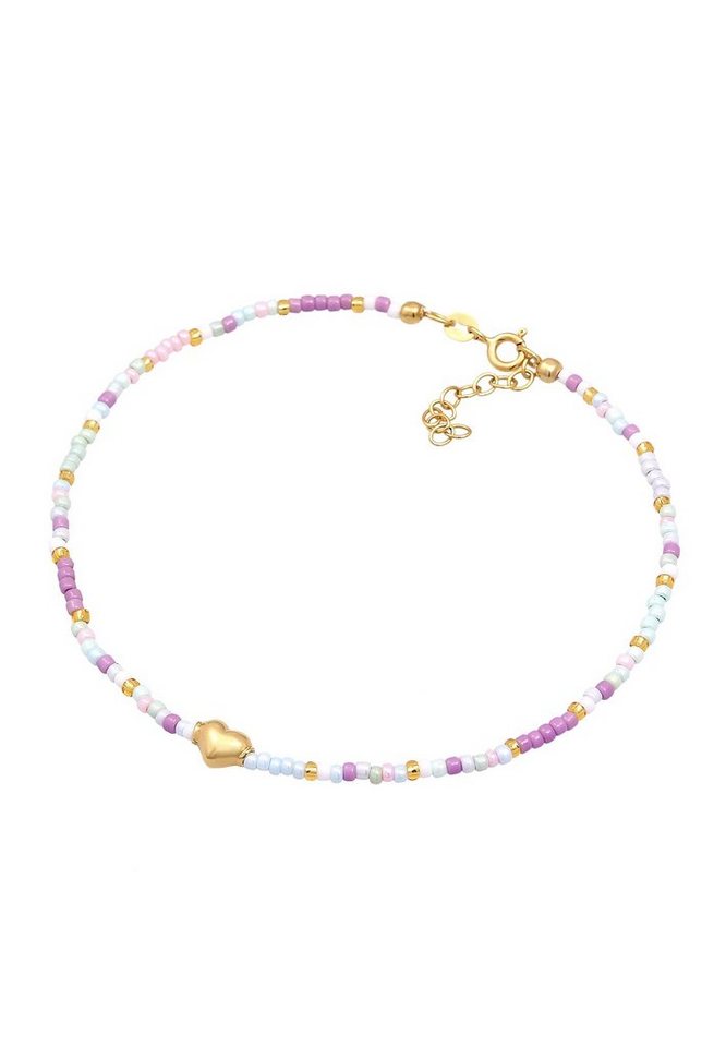 Elli Fußkette Herz Glas Beads Sommer Style 925 Silber vergoldet,  Geschmackvolle Glasperlen Fußkette für Damen