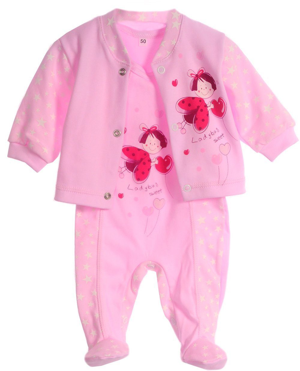 La Bortini Strampler Baby Anzug Stramplerhose Mütze und Hemdchen Erstlingsset in Rosa (Anzug für Mädchen, 3-teilig) aus reiner Baumwolle, mit Sternchen und Marienkäfer 44 50 56 62 68