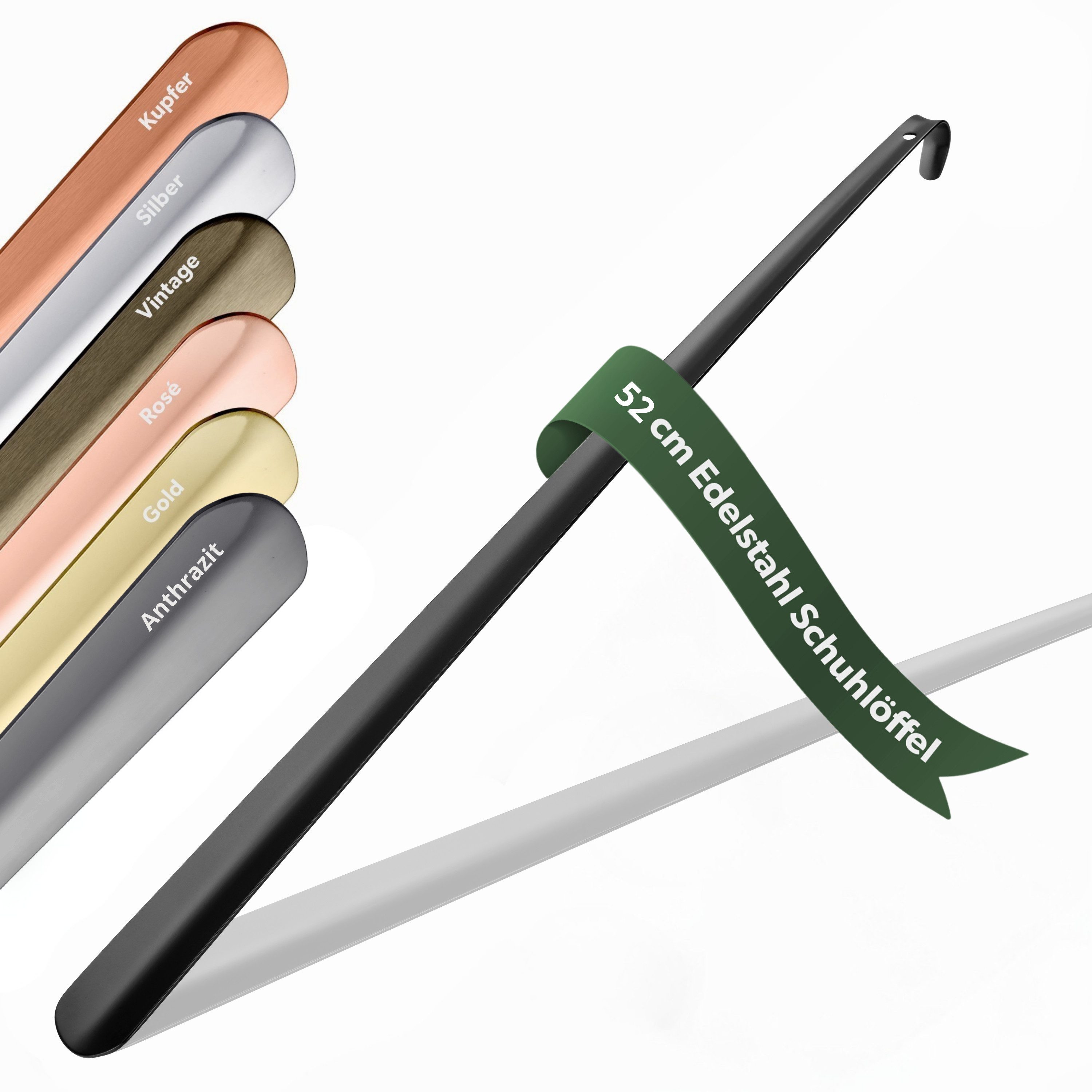 JK Trade Schuhlöffel 52cm Edelstahl Schwarz pulverbeschichtet (1-tlg., lang & stabil), Metall Schuhanzieher lang zum Stehen, Aufhängbar, 2mm Extra Stabil