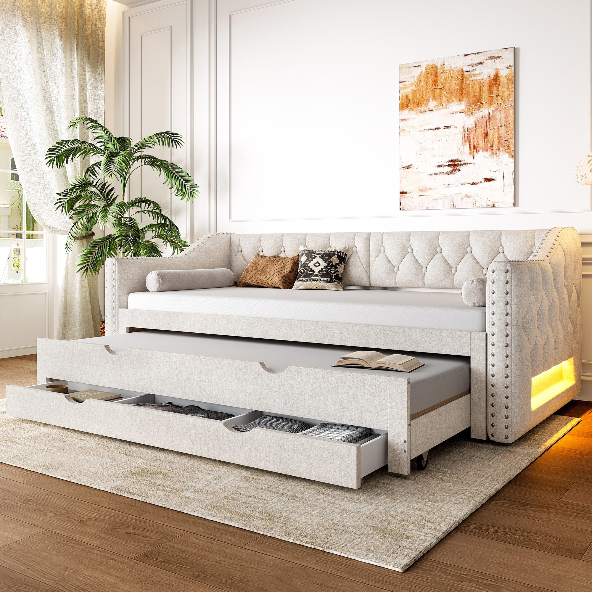 SOFTWEARY Stauraumbett Schlafsofa mit Bettfunktion (90x200 cm, mit LED-Beleuchtung, Gästebett und Schubladen), Einzelbett mit Lattenrost, Polsterbett, Leinen