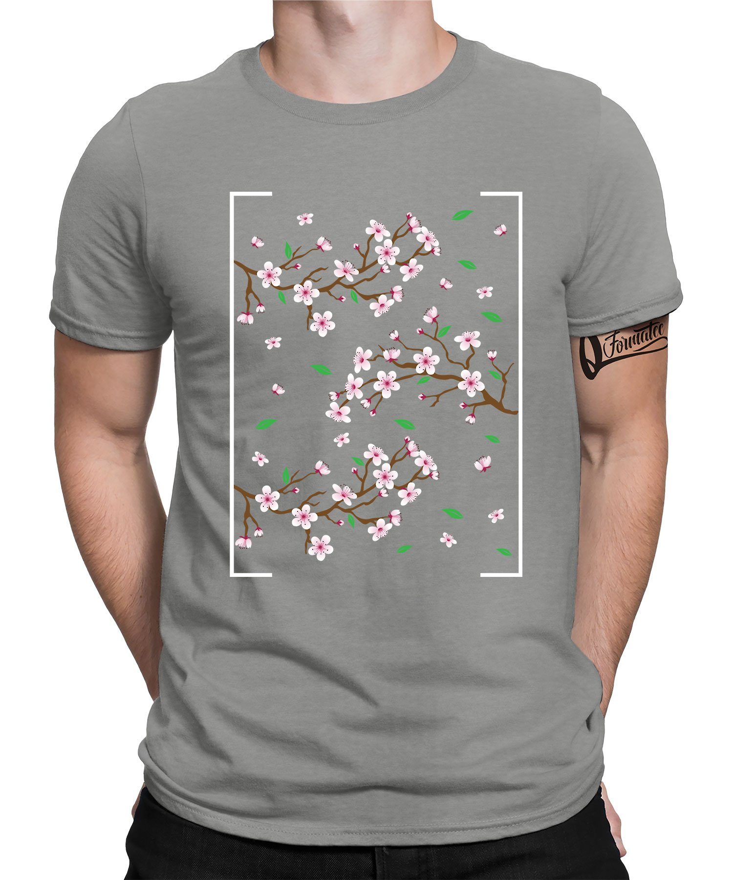Formatee T-Shirt Kirschblüte Herren Grau Heather Cherry Anime Quattro - Blossom Ästhetik (1-tlg) Kurzarmshirt