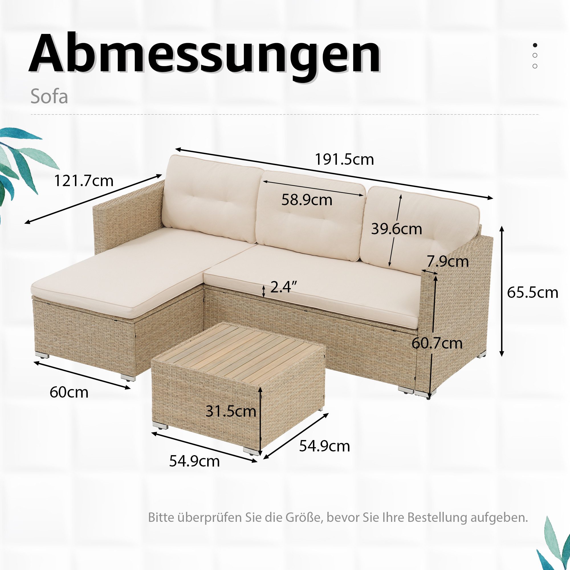 Sunsitt Gartenlounge-Set 3-tlg Gartenlounge Set, Gartensofa Set mit Couchtisch, (Outdoor Sitzgruppe für 3-4 Personen, Wetterfest&Stabil,Sitzecke für Garten, Terrasse, Hinterhof, Balkon), Beige Rattan&Beige Kissen