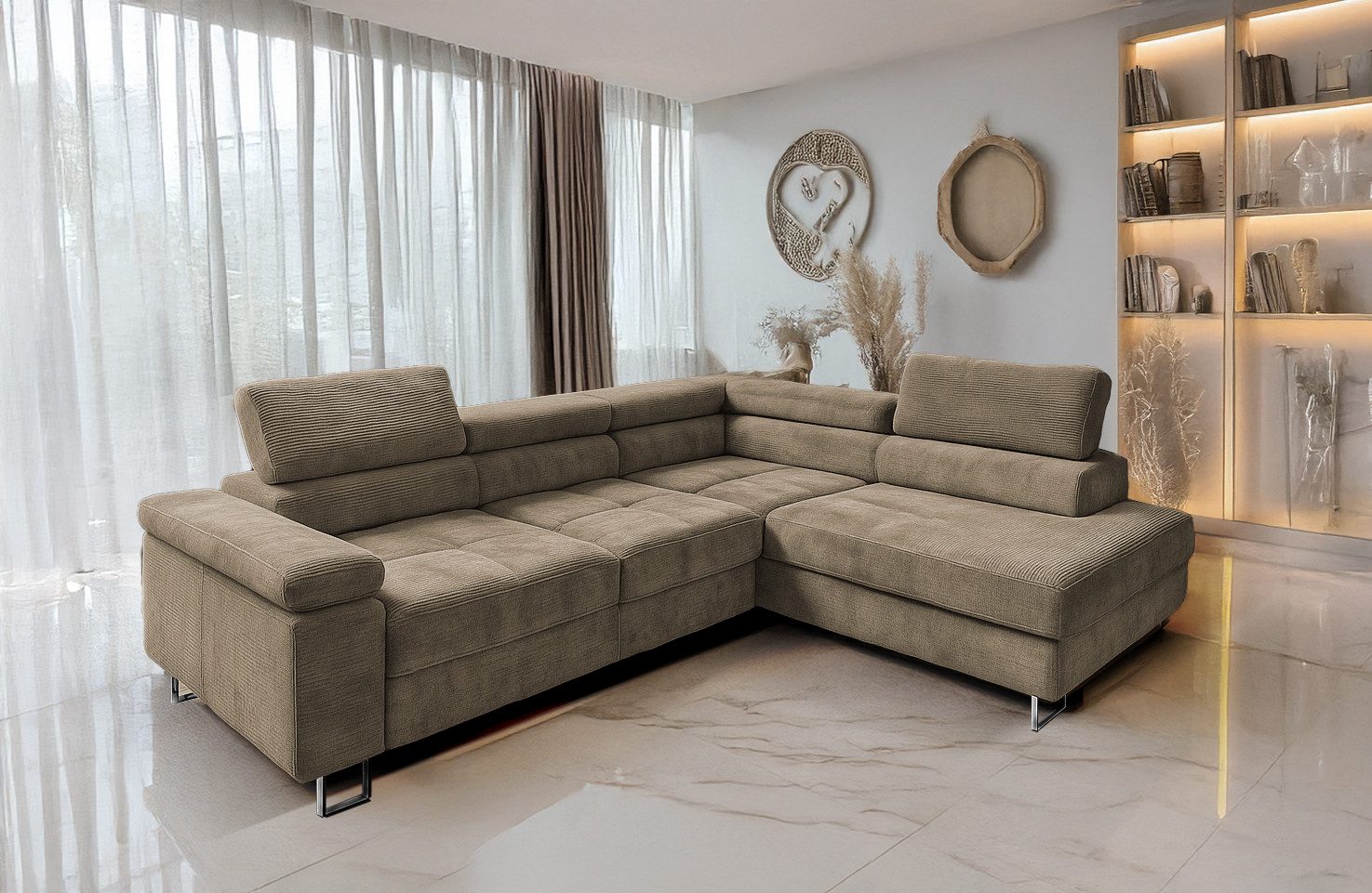 Goldstoff Ecksofa mit Schlaffunktion, Cord Couch günstig online kaufen