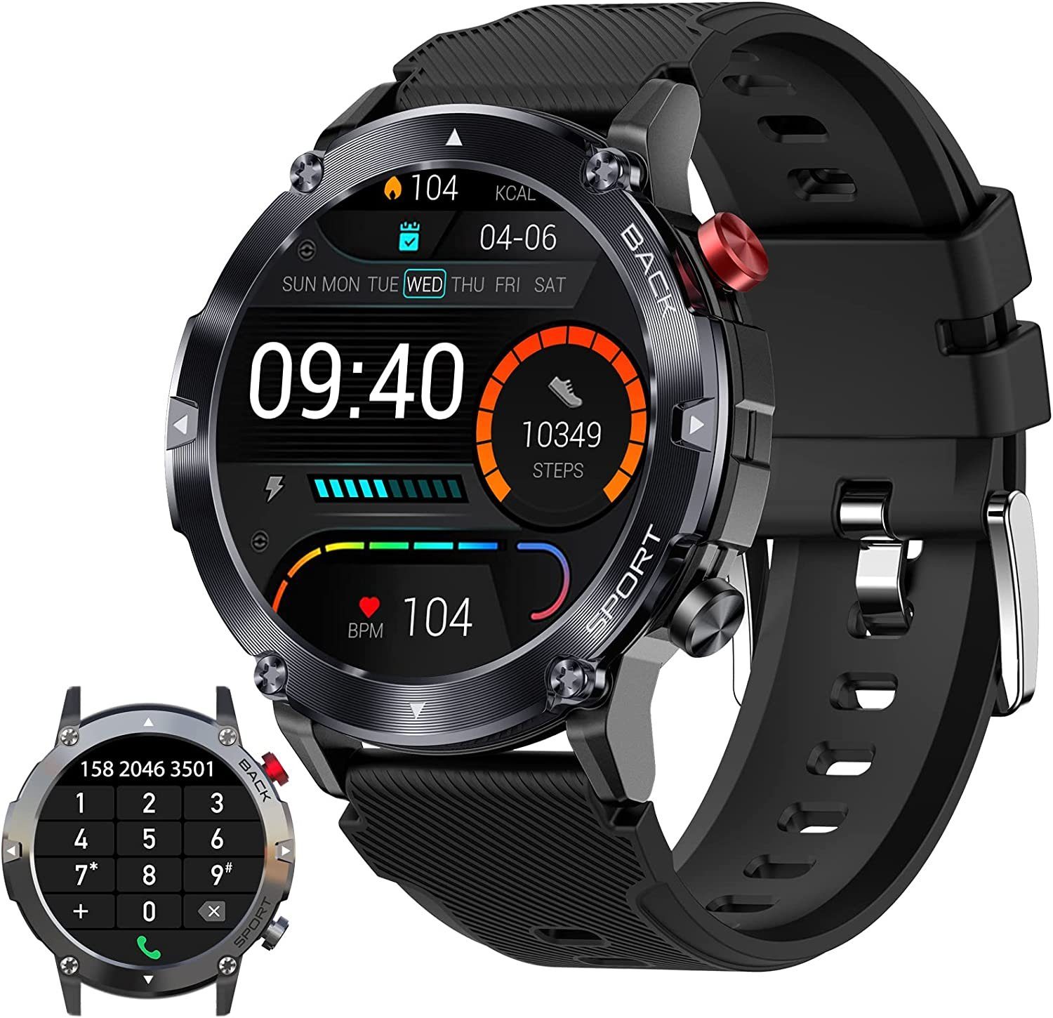 Manike C21 AMOLED Smartwatch (4,3 cm/1,69%27%27 HD Voll Touchscreen Zoll) Spar - Set, mit wechselband aus weichem Silikon und Ladenkabel, Herzfrequenzmesser, Analyse von EKG-Daten, Blutdruckmessgerät