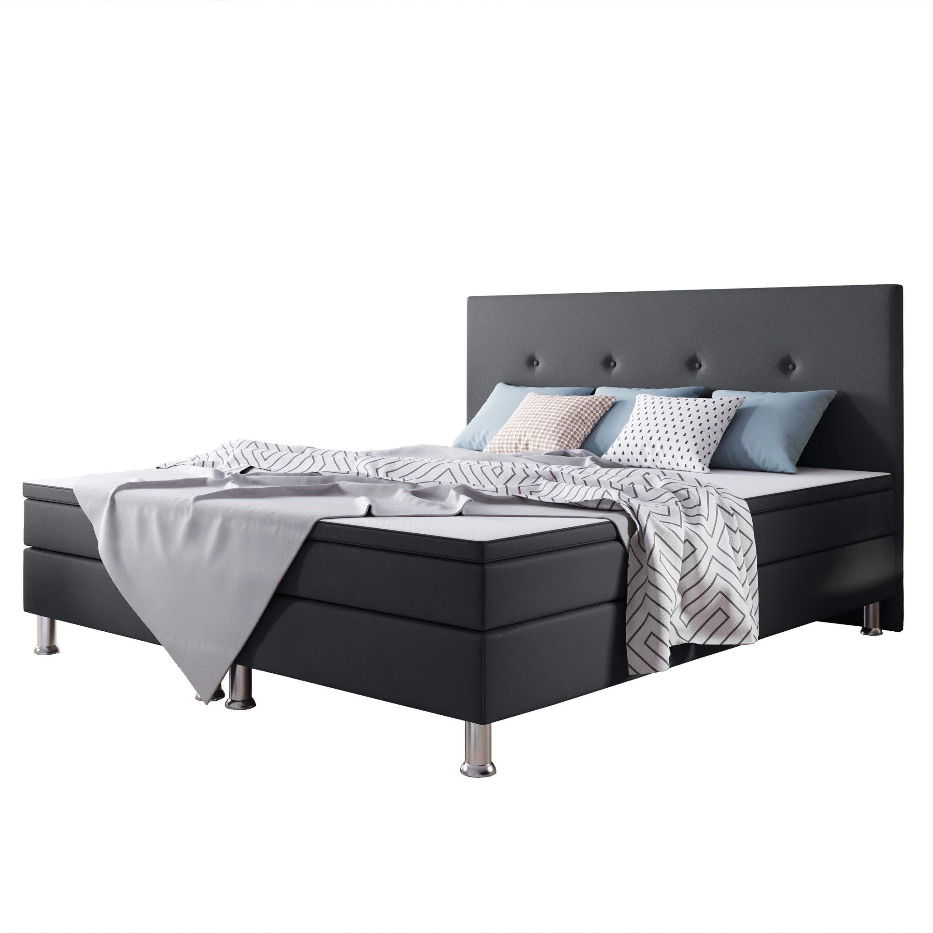 inter Boxspringbett Jump Webstoff mit 7 Zonen Taschenfederkernmatratzen und Topper (180x200 cm, Anthrazit inkl. inkl. 7 Zonen Taschenfedernkernmatratzen und Topper), Taschenfederkern-Komfort, gepolstertes Kopfteil, inklusive Matratzen