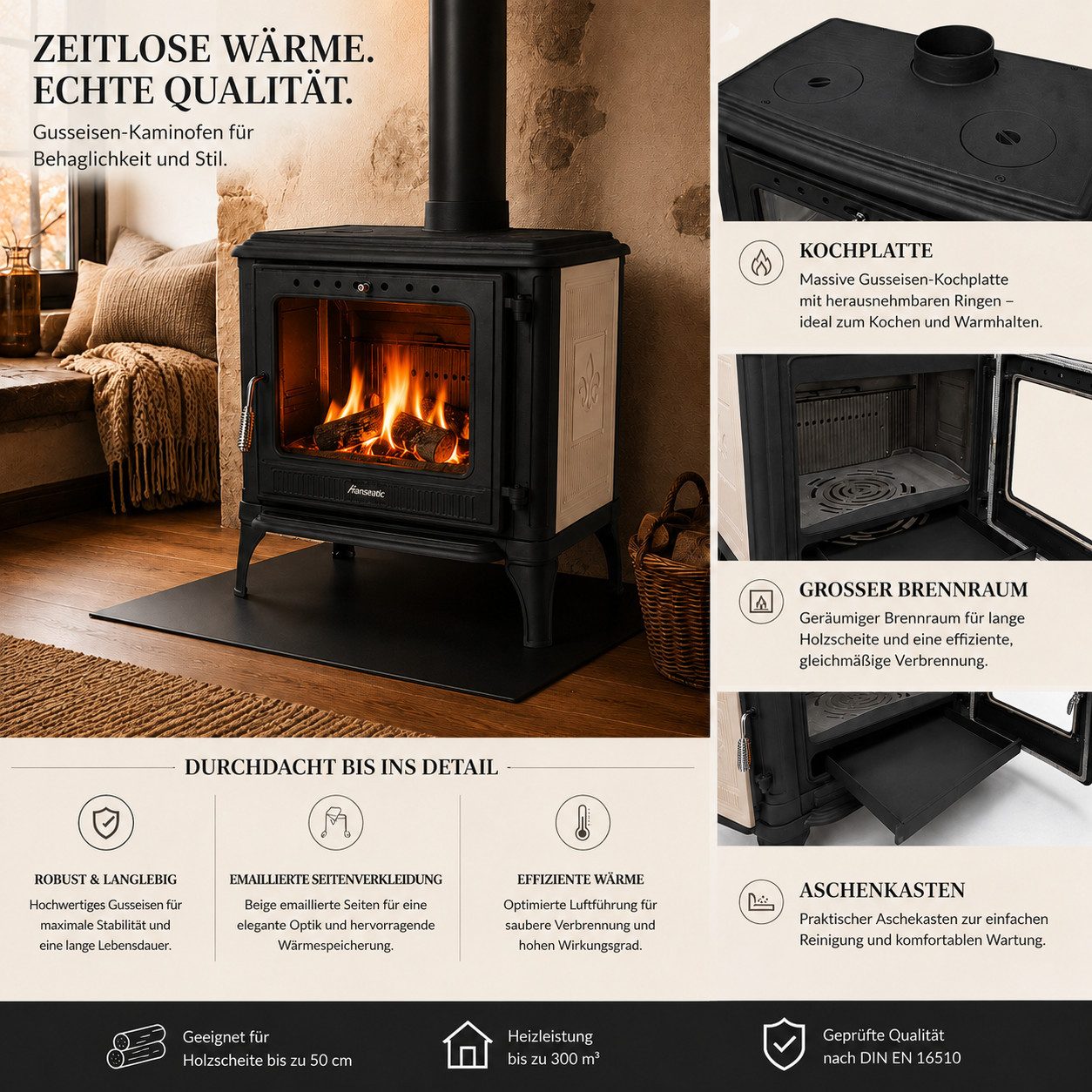 Hanseatic Kaminofen Castor XXL Beige, 10,6 kW, Zeitbrand, Großer Feuerraum