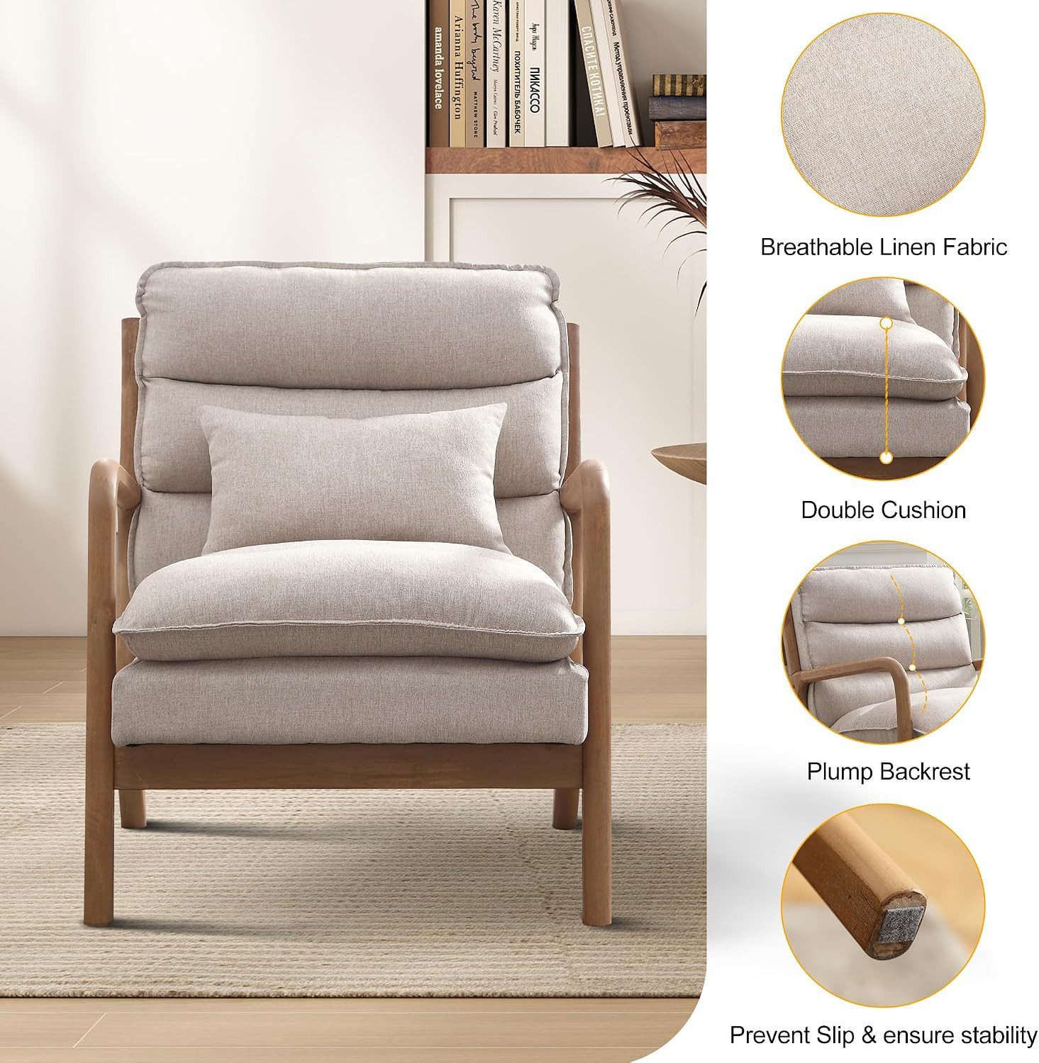 CANMOV Relaxsessel Sessel mit Kissen, Loungesessel mit hoher Rückenlehne, Einzelsessel (1-St), Natürliches Holz, Liegestuhl mit Armlehne und Kissen, für Wohnzim – Bild 3 von 5