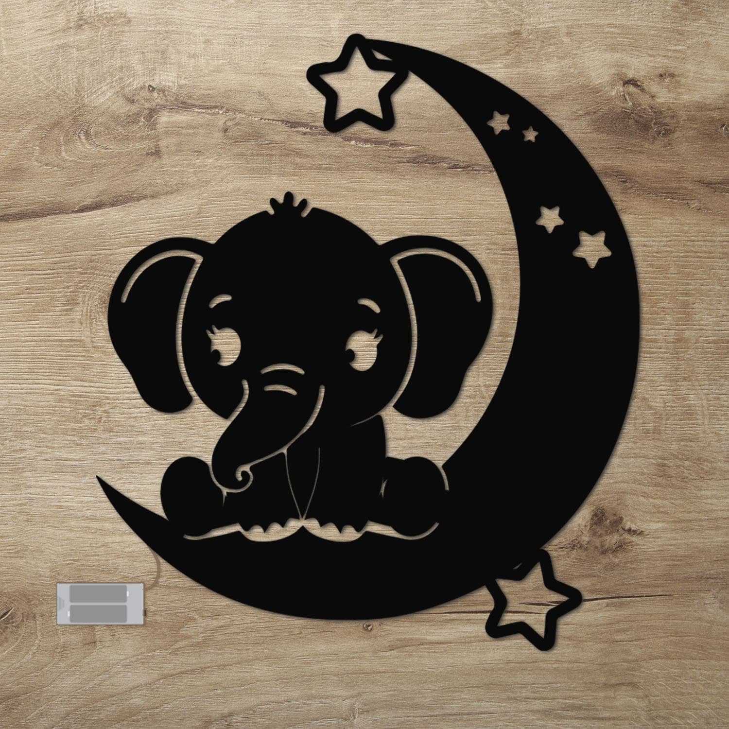 Namofactur LED Wandleuchte Baby Elefant auf Mond - Schlaflicht mit Elefanten Motiv für Kinder, Ohne Zugschalter/Stern, LED fest integriert, Warmweiß, Wanddekoobjekt, Wohnzimmer Leuchte, batteriebetrieben Schwarz