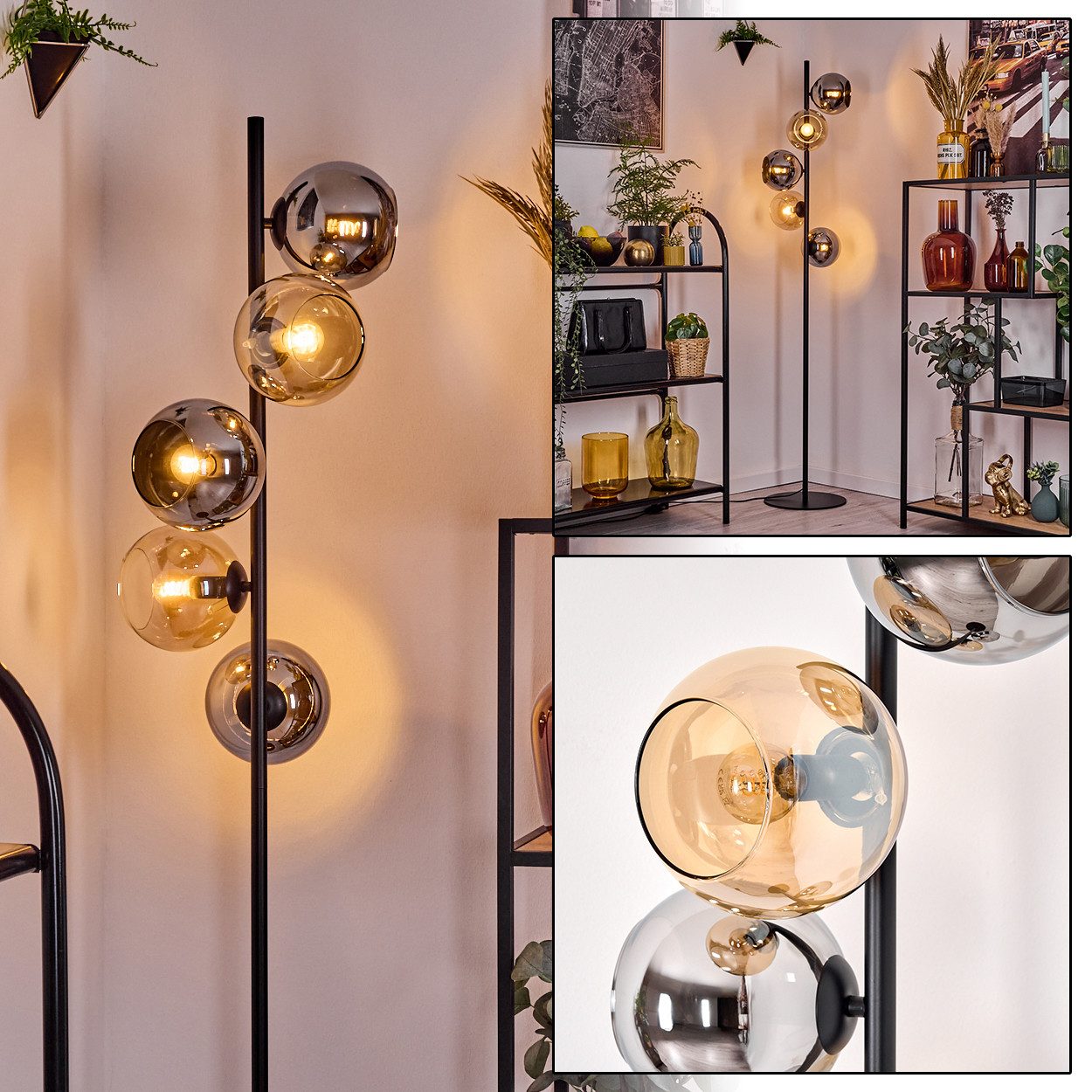 Stehlampe Stehlampe aus Metall/Glas in Schwarz/Bernstein/Rauch im Retro-Design