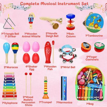 POPOLIC Spielzeug-Musikinstrument 25 Stück musikinstrumente Kinder, Instruments Percussion Holzspielzeug, (Spielzeug-Musikinstrument 2-in-1 Montessori-Holz-Musikspielzeug), Montessori Spielzeug - Kinderspielzeug Geschenke ab 3 Jahre