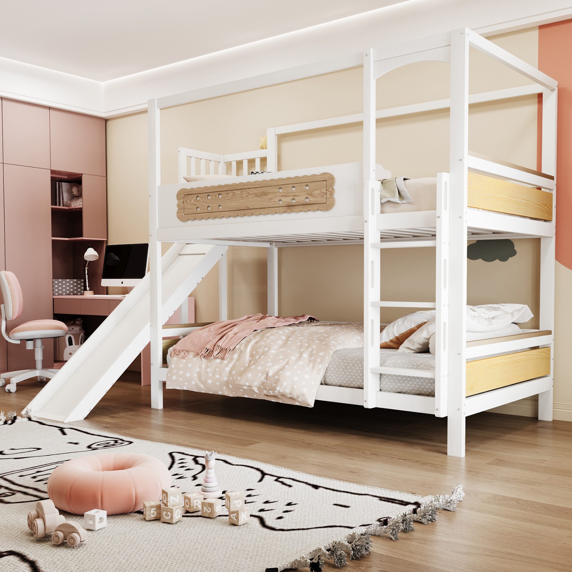 Etagenbett 90*200 mit Fenstern Kinderbett mit Sicherheitsleiter Einzelbett
