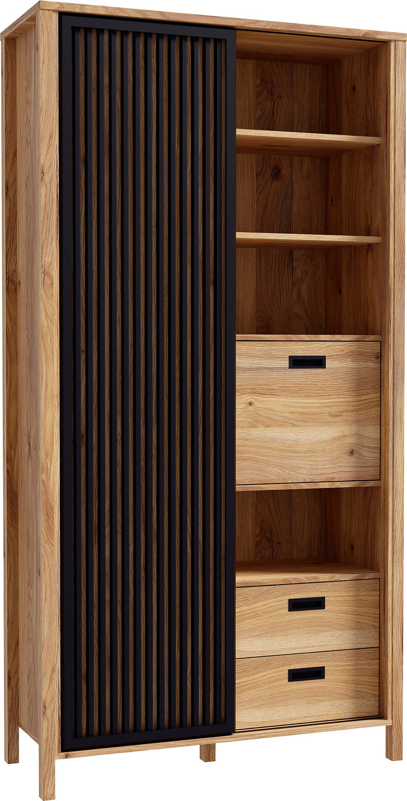 FORTE Highboard Jytana, Höhe 200,3 cm, Schiebetüre mit Lamellenoptik, Mauvella Eiche / Schwarz
