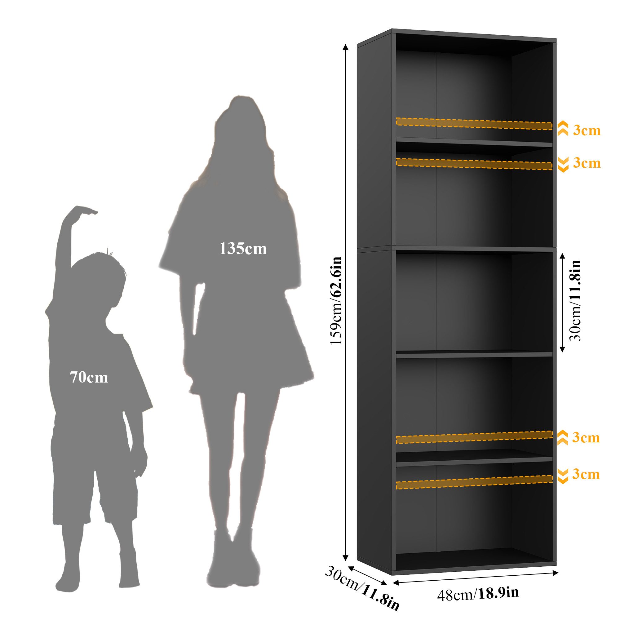 Homfa Bücherregal Regal mit 5 Fächern, 159cm Bücherschrank Standregal, verstellbare Ablagen