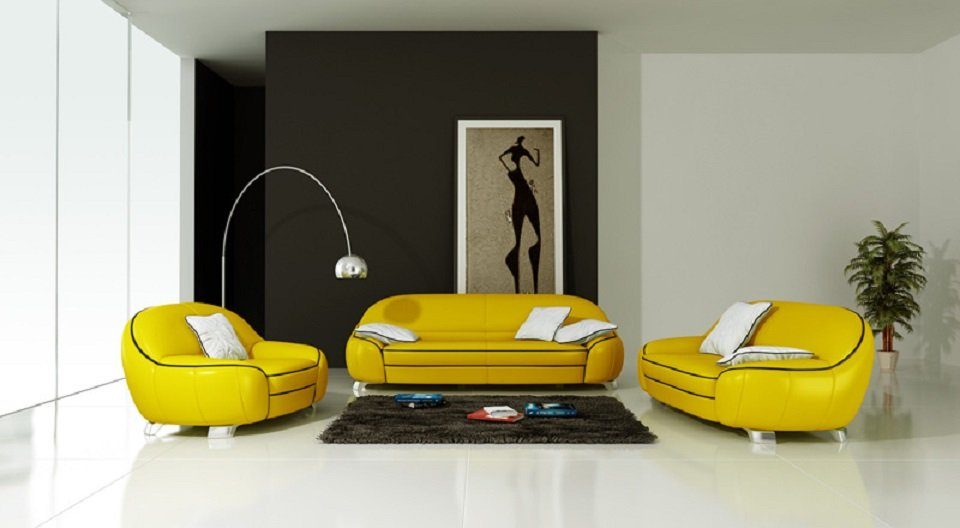 Polster Europe Gelb Sofagarnitur Couch 3+2+1 Designer Sofa Sofas Sofa Garnituren Made in Leder, JVmoebel