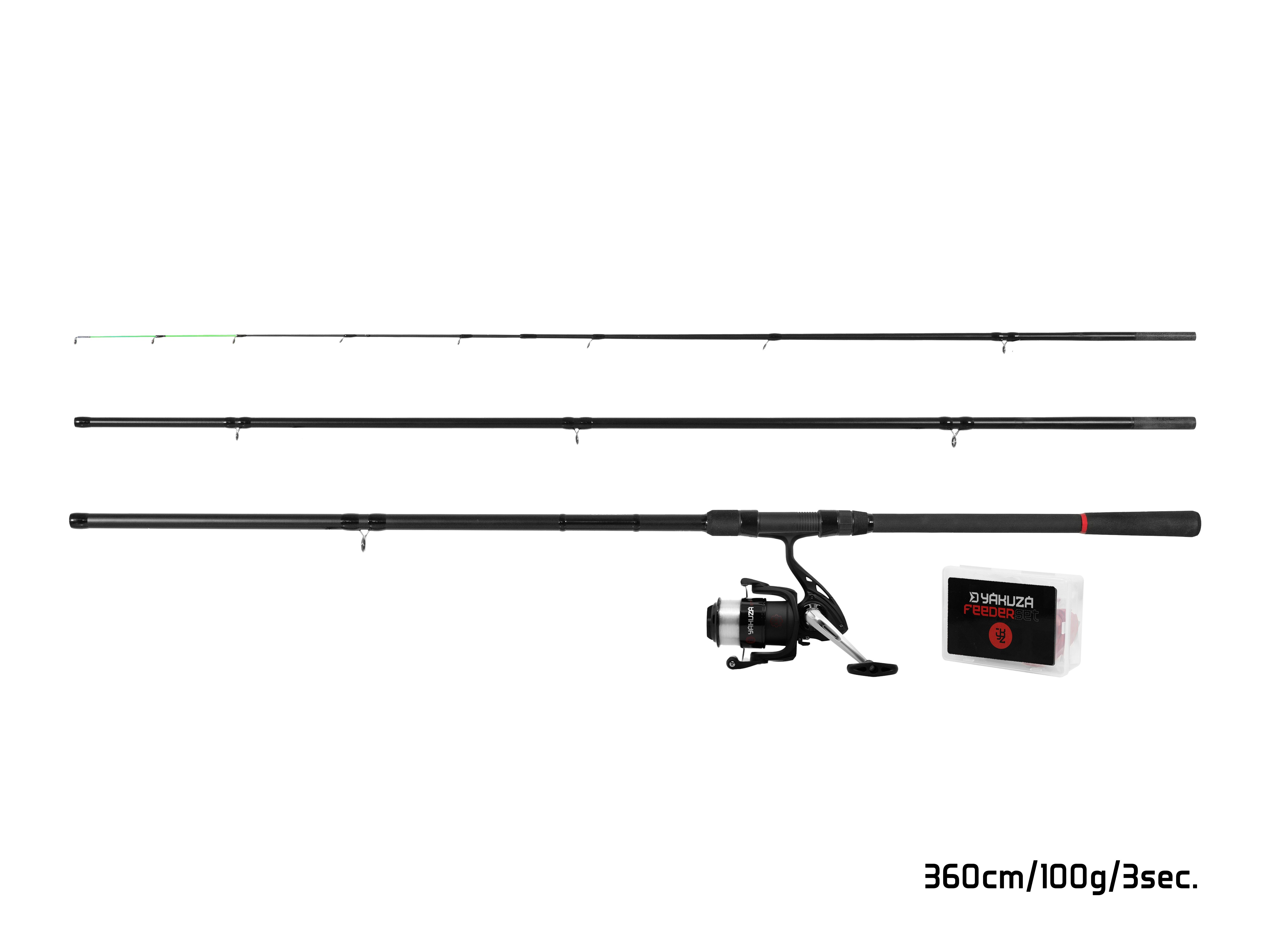 Delphin.sk Feederrute Feeder Set YAKUZA - Rute 360cm + Rolle + viel Zubehör - Karpfen, (12-tlg), 12 teilies Angelset für Feederangeln