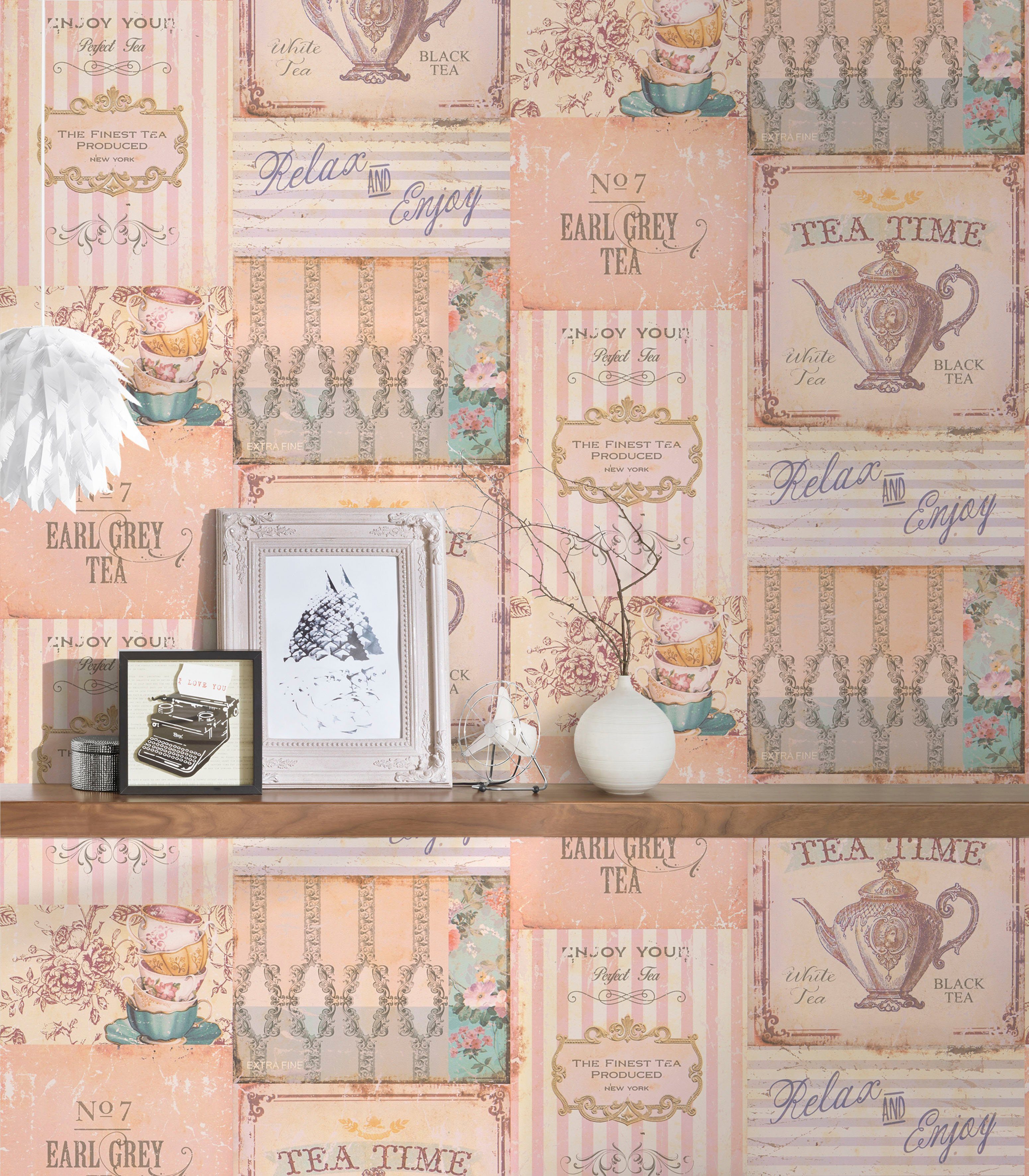 Création Patchwork, beige/rosa/weiß St) glatt, Landhaus A.S. (1 Vliestapete matt, PintWalls