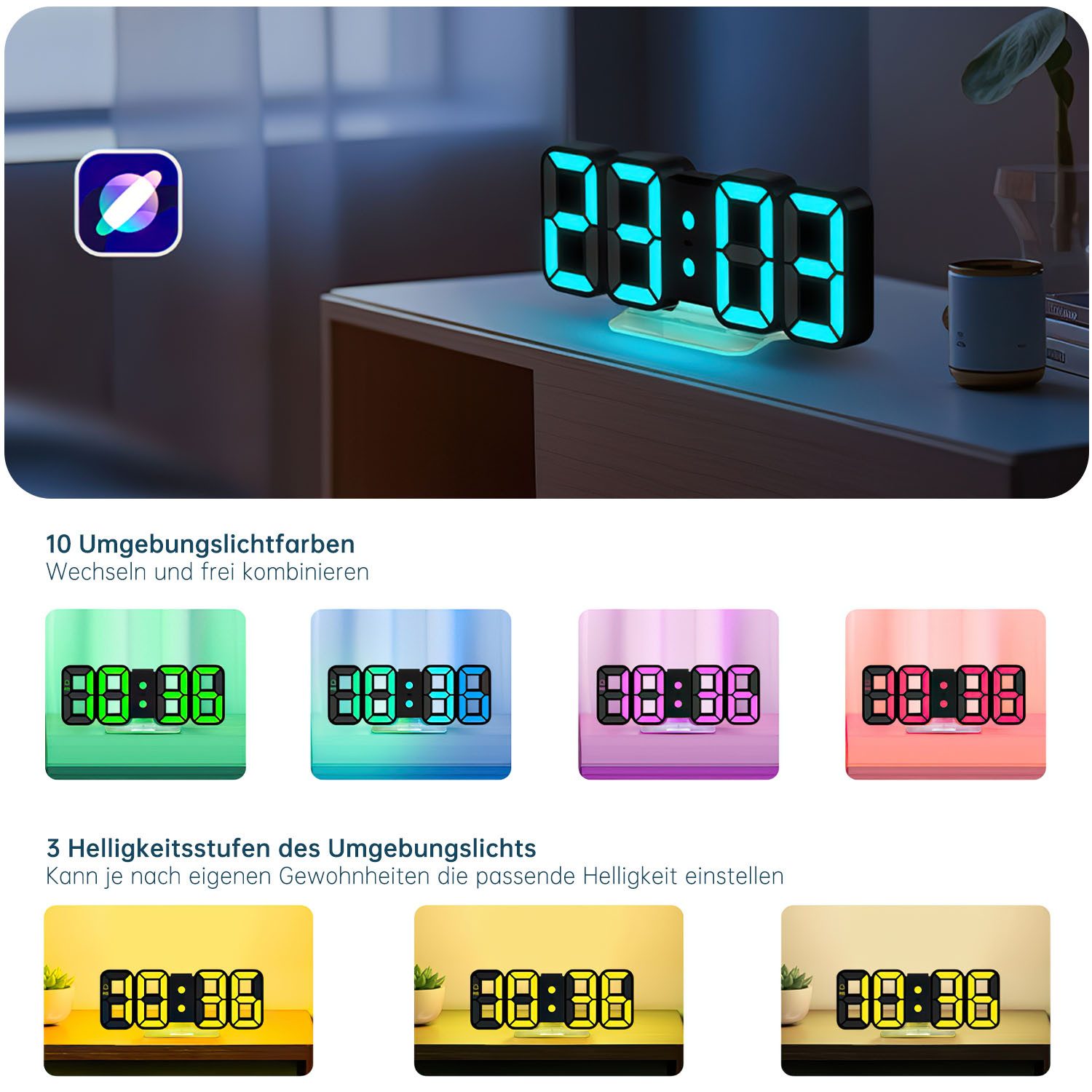 AIMAX Wecker Wecker uhr Dimmbar Stufenlos Digitalwecker Wanduhr 3 Einstellbaren Helligkeitstufen dimmbare Nachtlichtfunktion – Bild 2 von 5